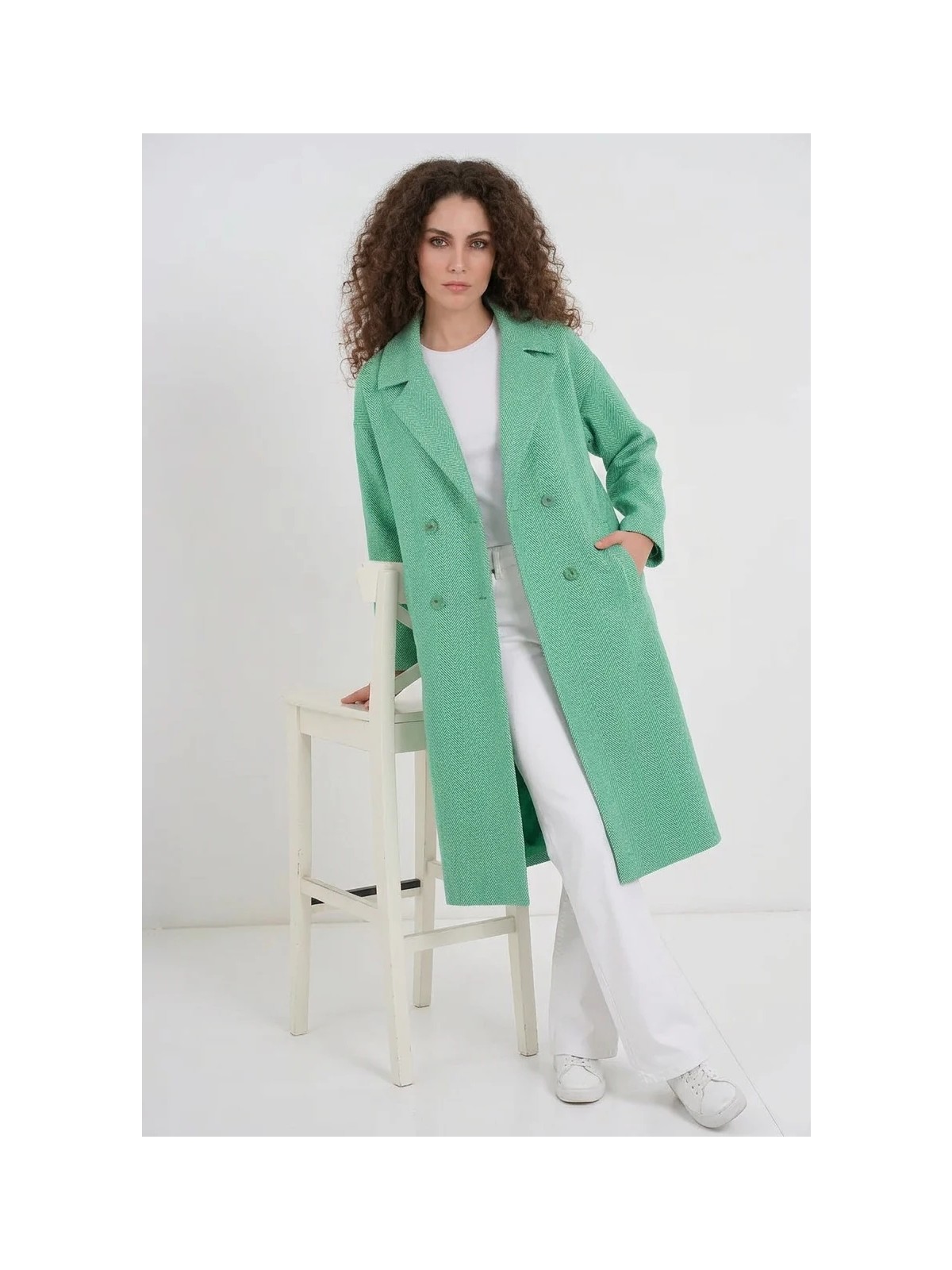 buğrahayalin Kadın Geniş Yaka Oversize Balıksırtı Desenli Kaşe Yeşil Kaban - Görsel 6