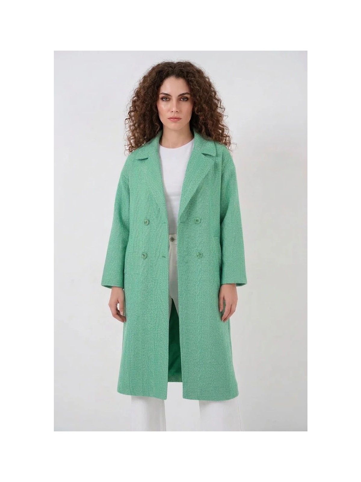 buğrahayalin Kadın Geniş Yaka Oversize Balıksırtı Desenli Kaşe Yeşil Kaban - Görsel 7