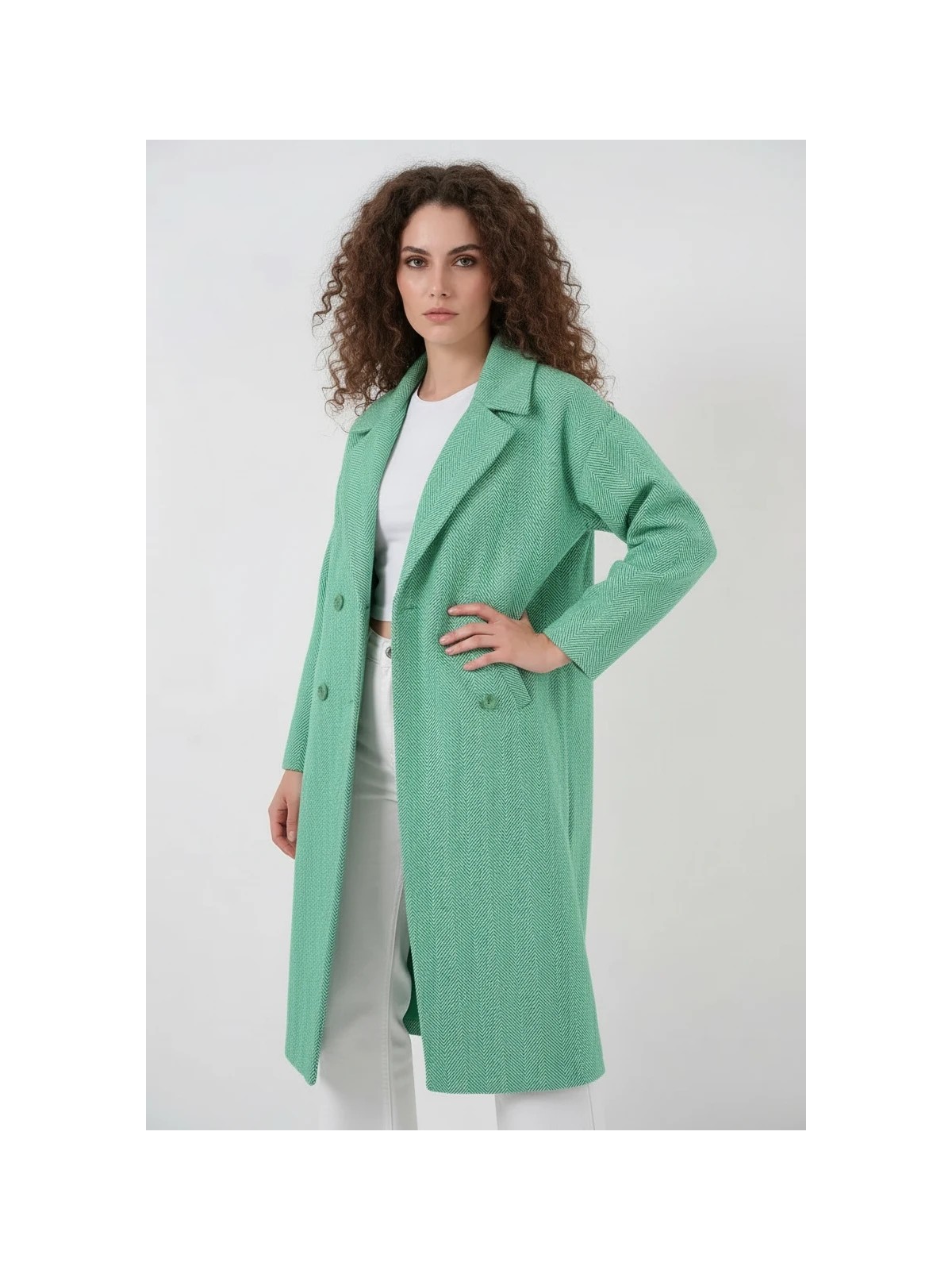 buğrahayalin Kadın Geniş Yaka Oversize Balıksırtı Desenli Kaşe Yeşil Kaban - Görsel 8