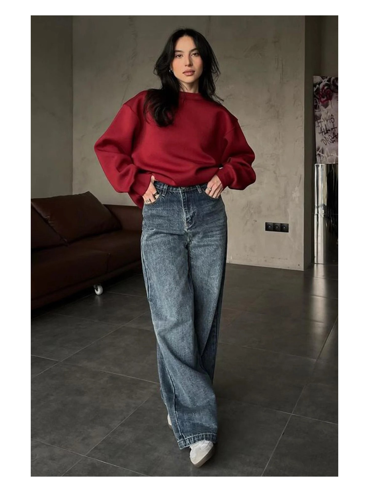 Madmext Kadın Bordo Oversize Basic Sweatshirt Rahat Kullanım İçin Tasarlandı - Görsel 7