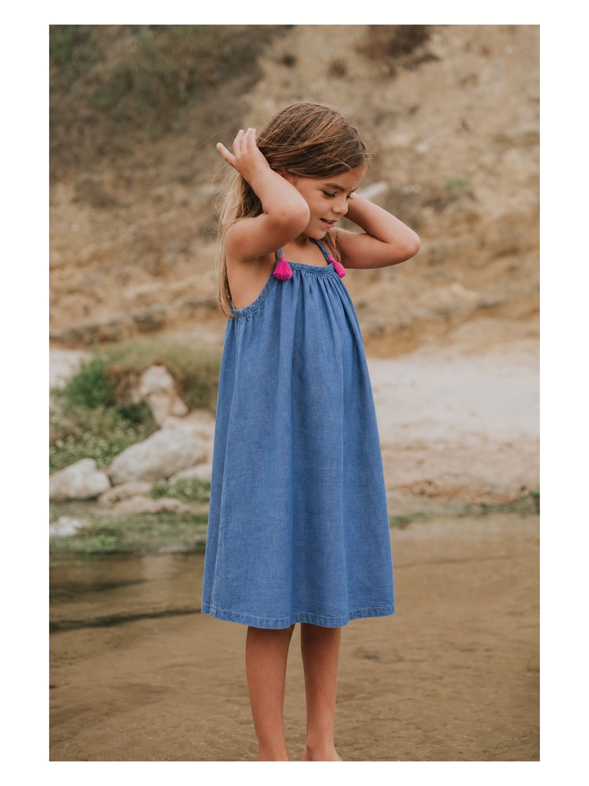 Cigit Denim Elbise Kloş Silüetli Günlük Stil 1-7 Yaş Mavi Renkli Kız Çocuk İçin