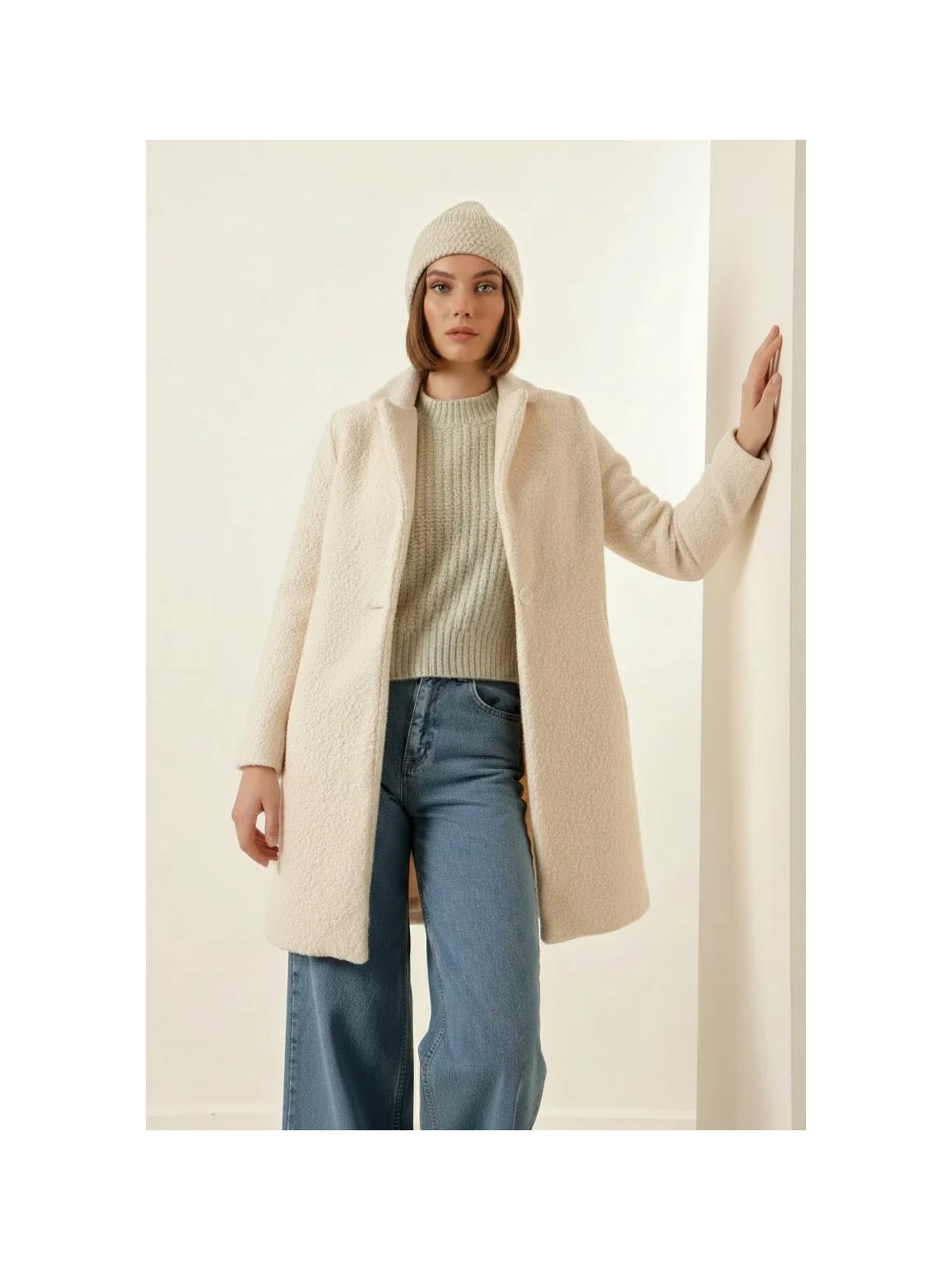 Klins Kids Kadın Klasik Yaka Oversize Kaşe Krem Kaban - Görsel 5