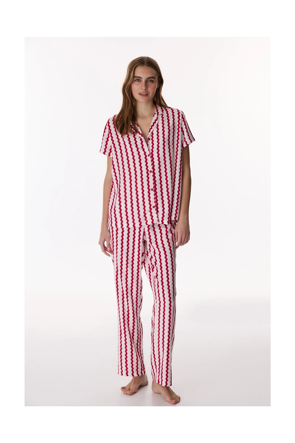Penti Kırmızı Aria Gömlek Çizgili Kısa Kollu Pantolon Pijama Takımı görsel 2