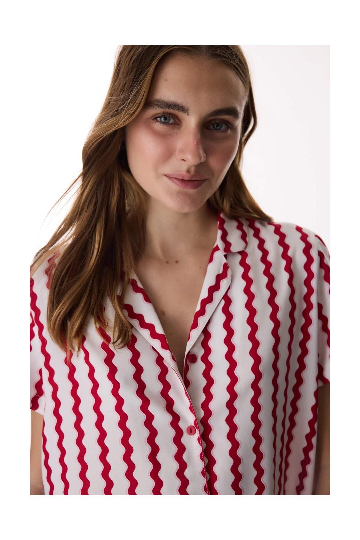 Penti Kırmızı Aria Gömlek Çizgili Kısa Kollu Pantolon Pijama Takımı görsel 3