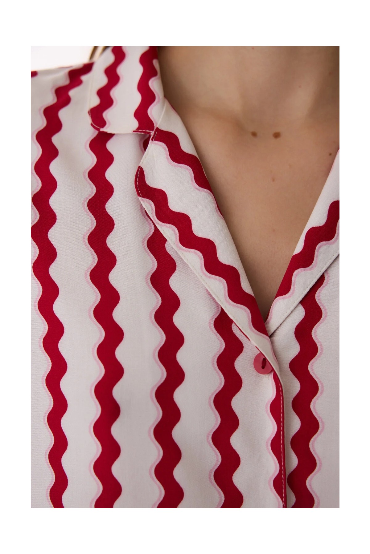 Penti Kırmızı Aria Gömlek Çizgili Kısa Kollu Pantolon Pijama Takımı görsel 4