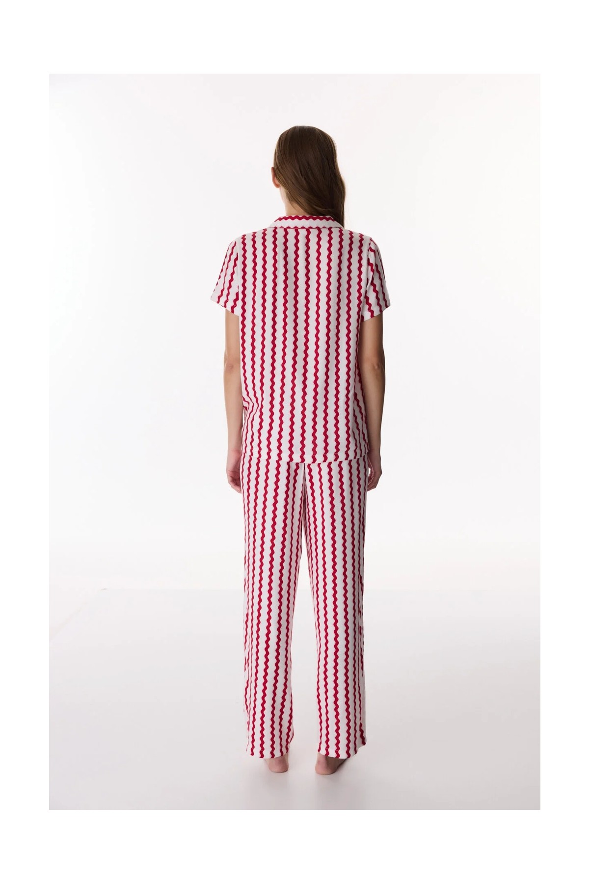 Penti Kırmızı Aria Gömlek Çizgili Kısa Kollu Pantolon Pijama Takımı görsel 5