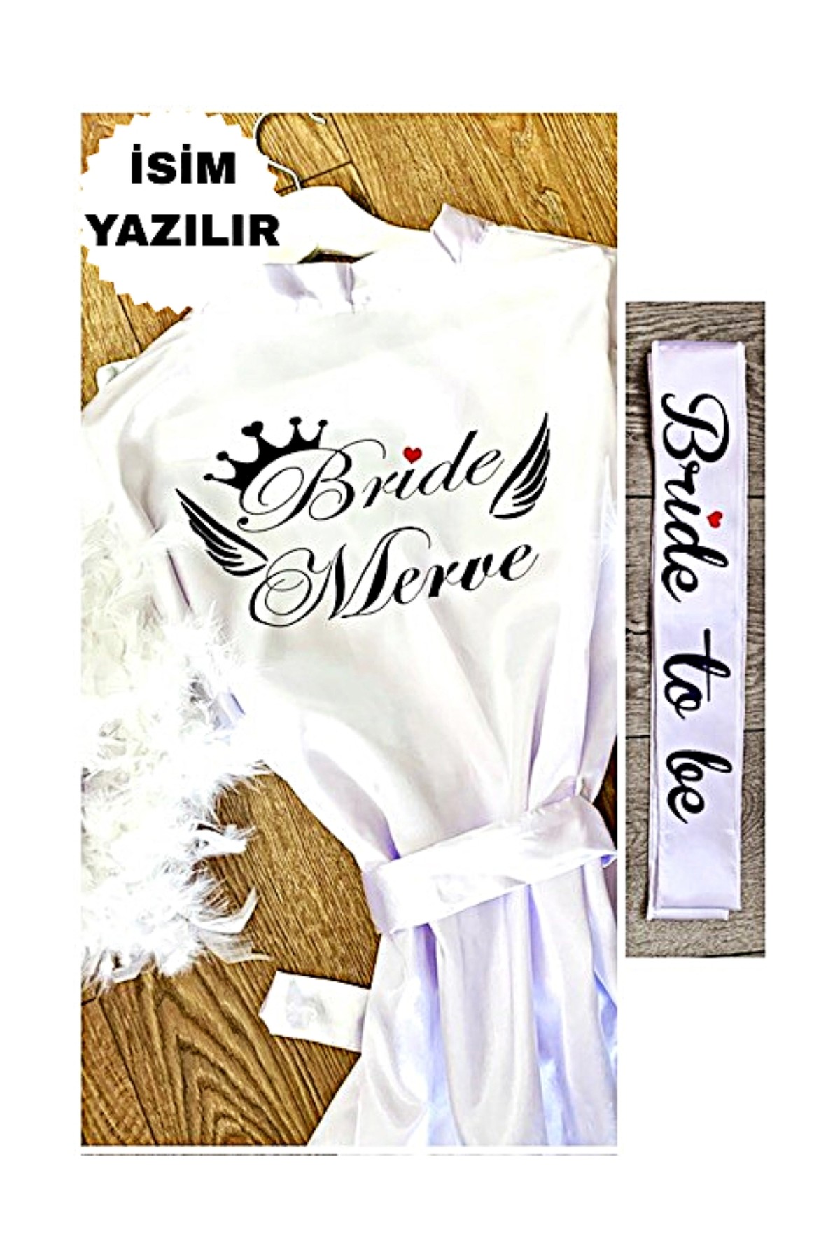 Bride By Victoria ( Isminizi Yazıyoruz) Gelin Sabahlığı Bride Sabahlık Kollar Tüylü ve Bride To Be Kuşak görsel 2