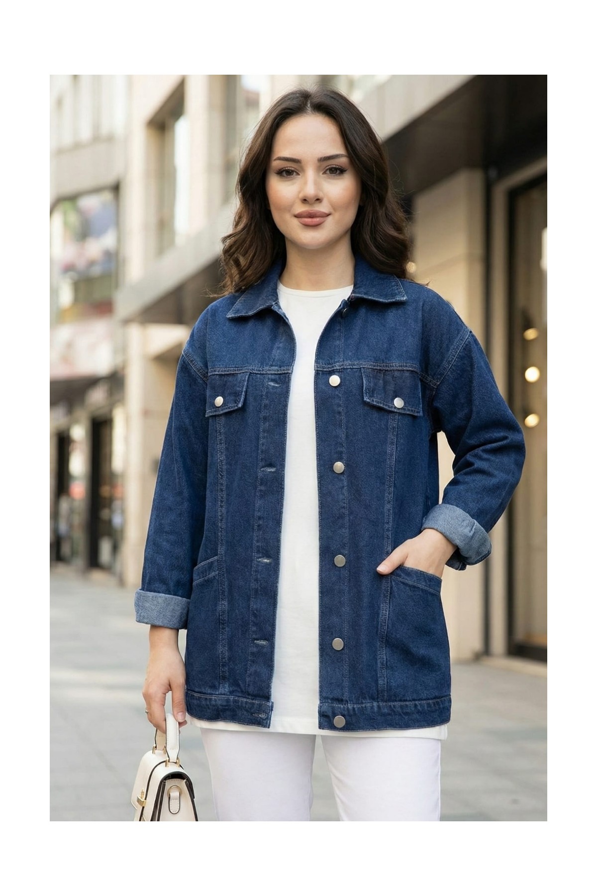 Harma Time Butik Kadın Cep Detaylı Denim Mavi Kot Ceket görsel 5