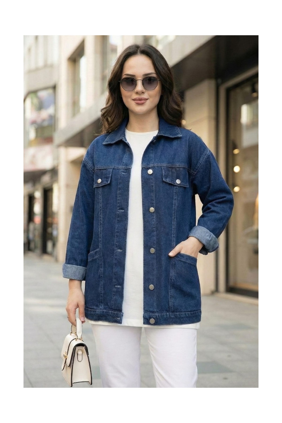 Harma Time Butik Kadın Cep Detaylı Denim Mavi Kot Ceket görsel 8