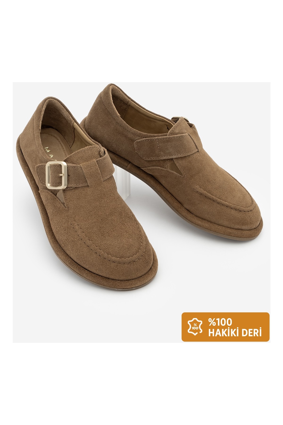 Marjin Kadın Hakiki Deri Loafer Bantlı Maskülen Günlük Ayakkabı Zepar Bej Süet