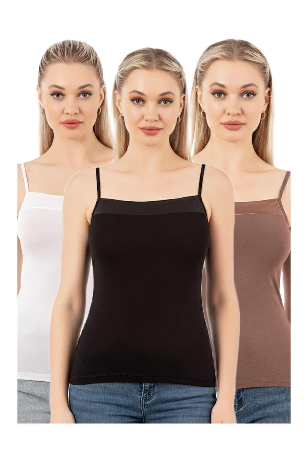 Özkan Underwear 2041 3'lü Paket Kadın Viskon Karışık Renk Yakası Saten Detaylı Esnek Yumuşak Ince Askılı Atlet