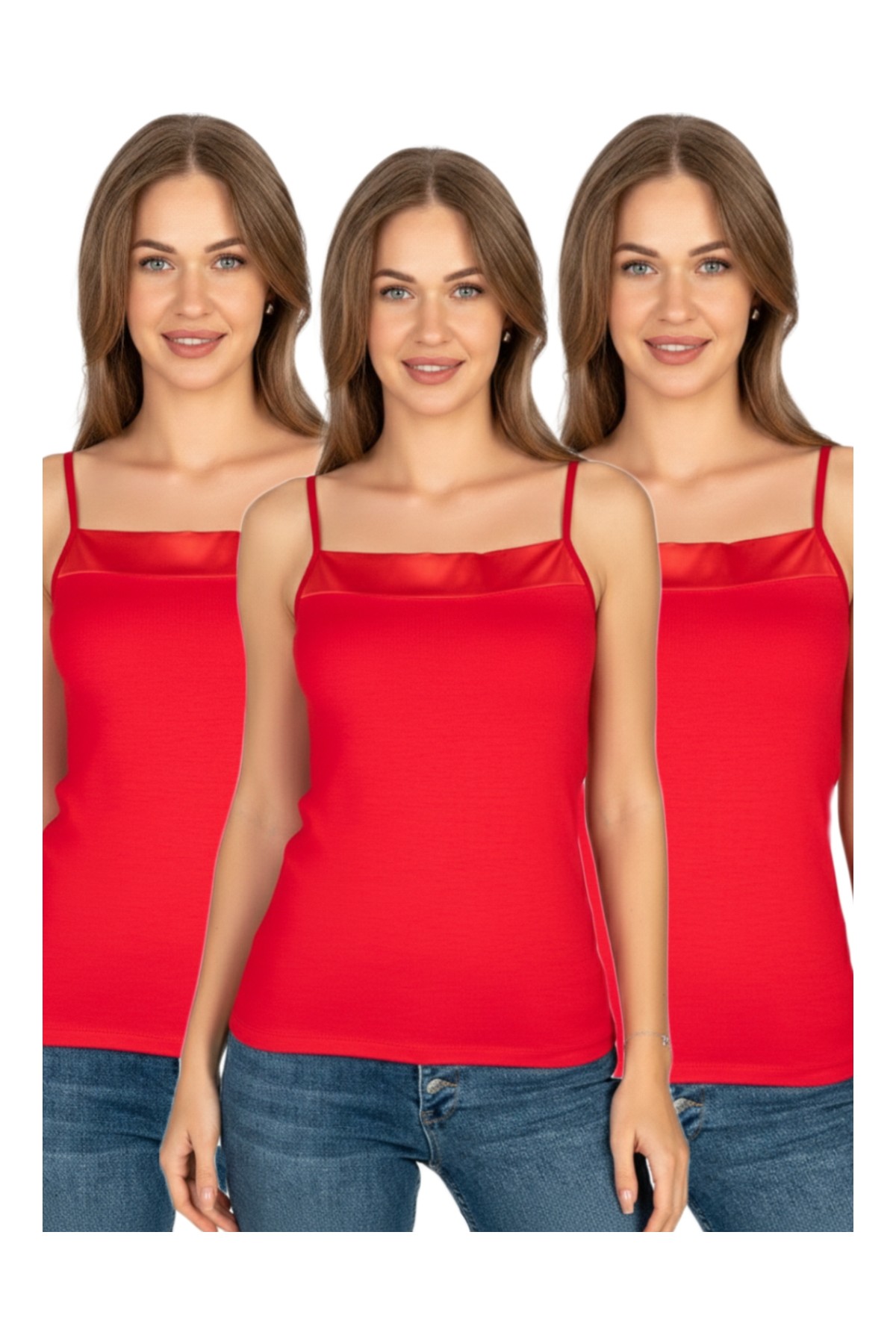 Özkan Underwear Özkan 2041 3'lü Paket Kadın Viskon Yakası Saten Detaylı Esnek Yumuşak Ince Askılı Atlet