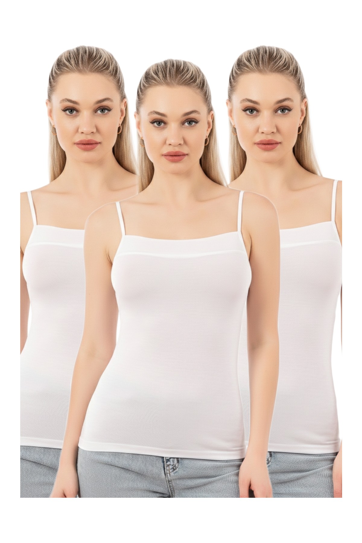 Özkan Underwear Özkan 2041 3'lü Paket Kadın Viskon Yakası Saten Detaylı Esnek Yumuşak Ince Askılı Atlet