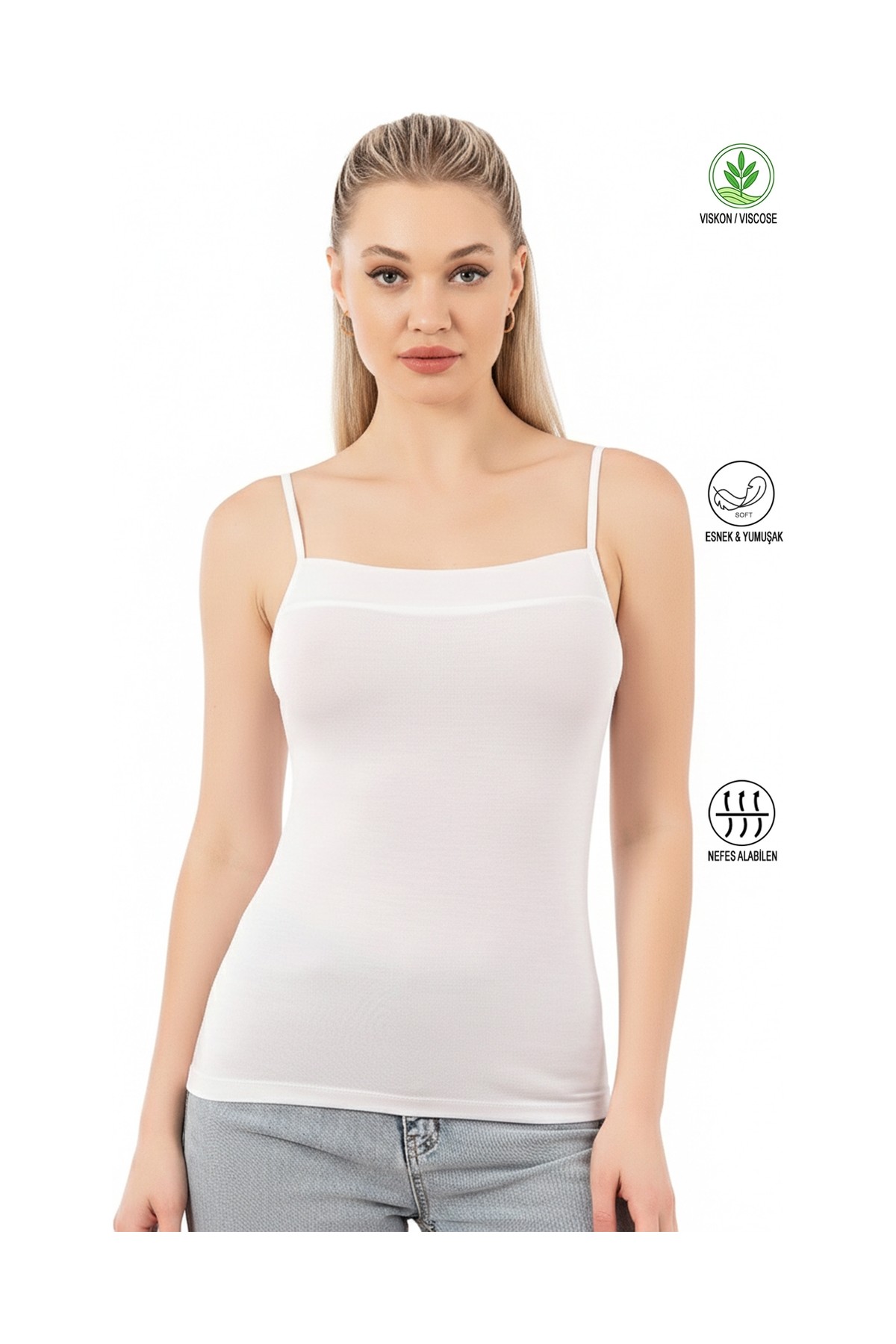 Özkan Underwear Özkan 2041 3'lü Paket Kadın Viskon Yakası Saten Detaylı Esnek Yumuşak Ince Askılı Atlet görsel 7