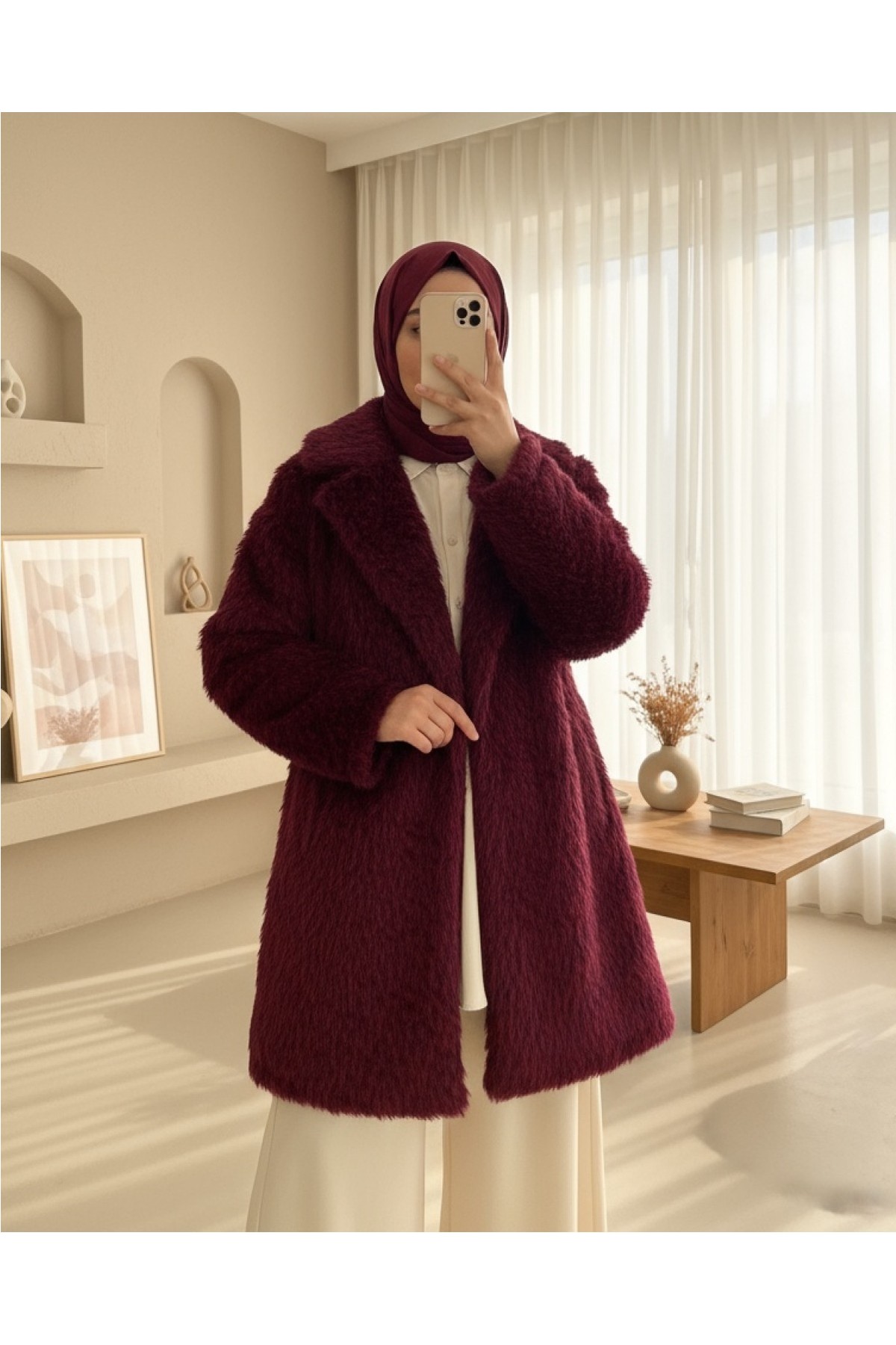 Moda Morfo Beli Kuşaklı Cepli Sakallı Kap -Bordo