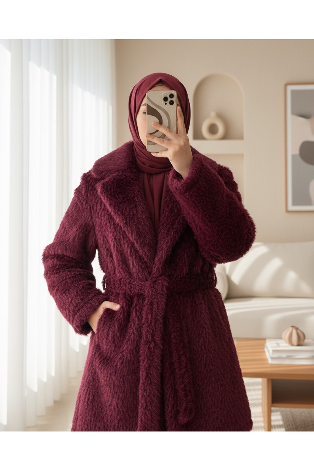 Moda Morfo Beli Kuşaklı Cepli Sakallı Kap -Bordo görsel 2