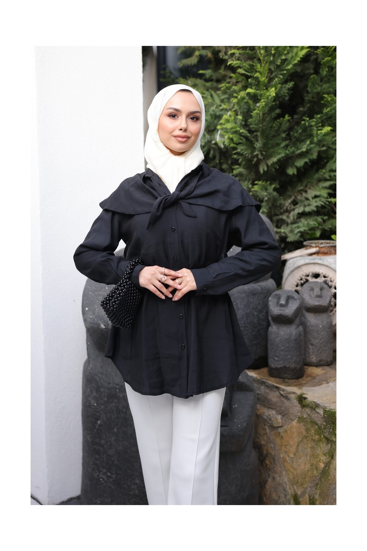 İmaj Butik Bej Soft Dokulu Oversize Modal Gömlek görsel 4