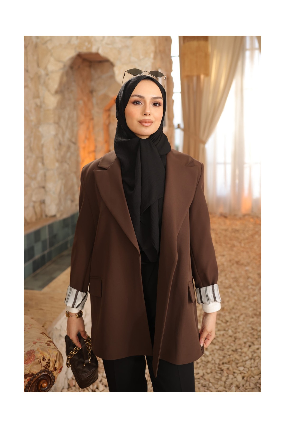 İmaj Butik Kahverengi Çizgili Astarlı Ceket görsel 5