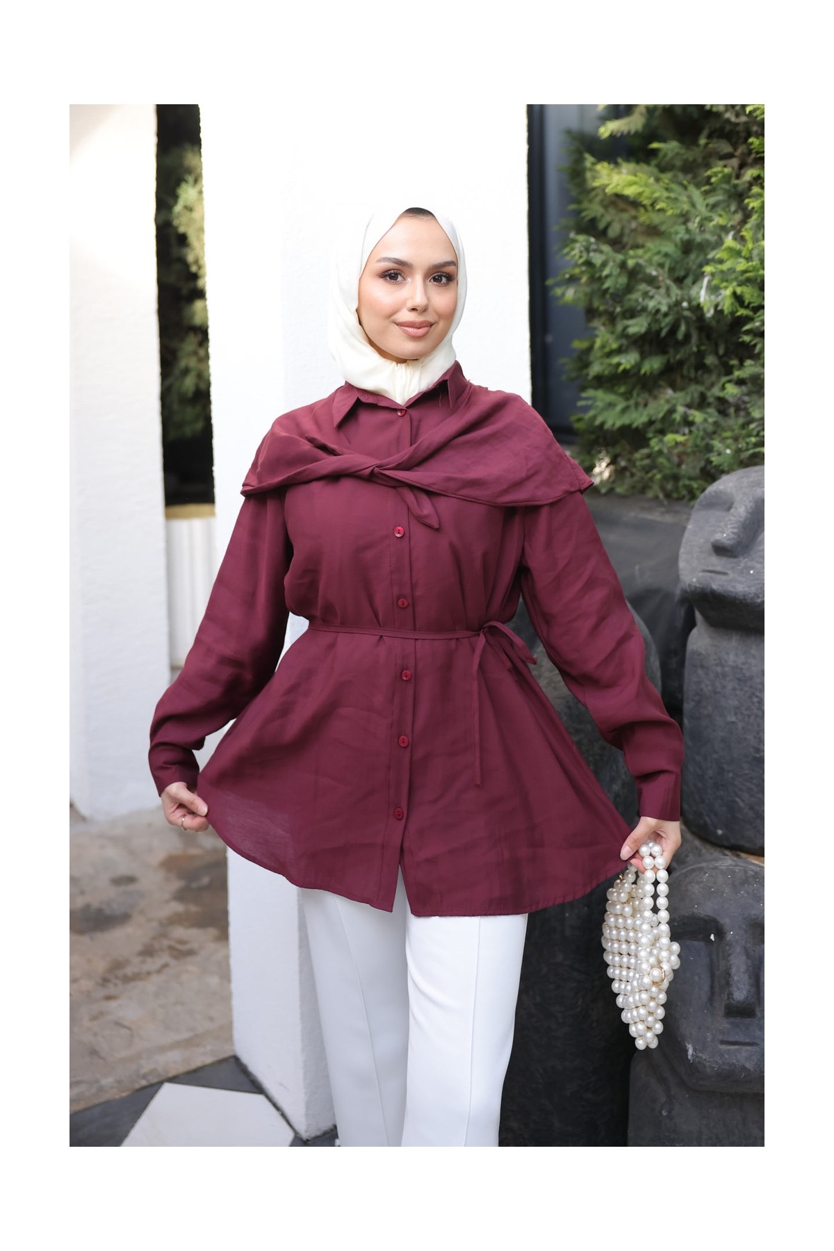 İmaj Butik Bej Soft Dokulu Oversize Modal Gömlek görsel 6