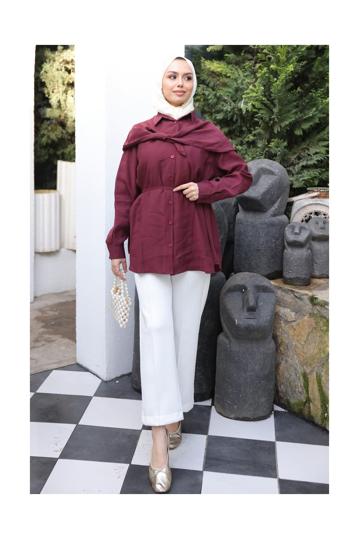 İmaj Butik Bej Soft Dokulu Oversize Modal Gömlek görsel 8
