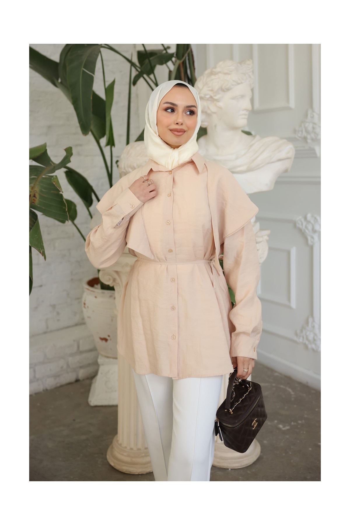 İmaj Butik Bej Soft Dokulu Oversize Modal Gömlek