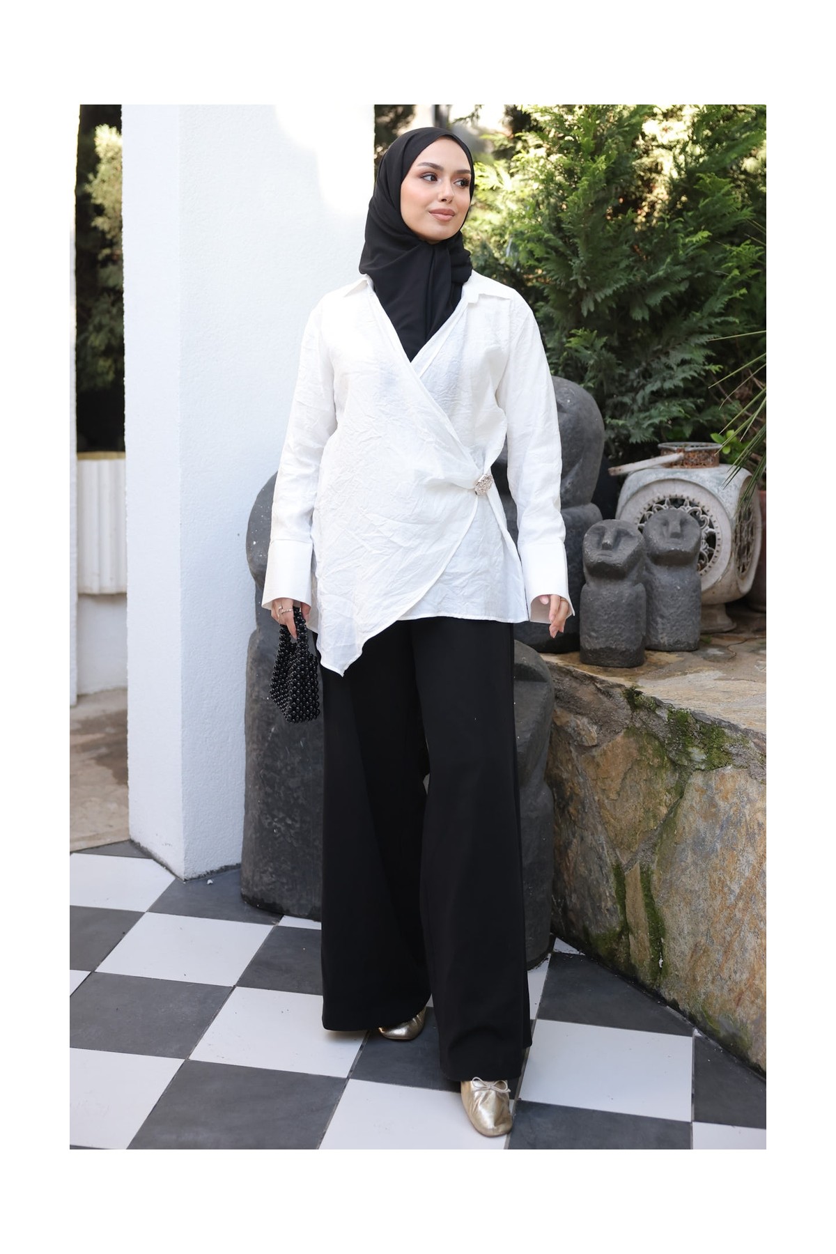 İmaj Butik Ekru Kruvaze Yaka Broş Detaylı Kimono Gömlek görsel 2