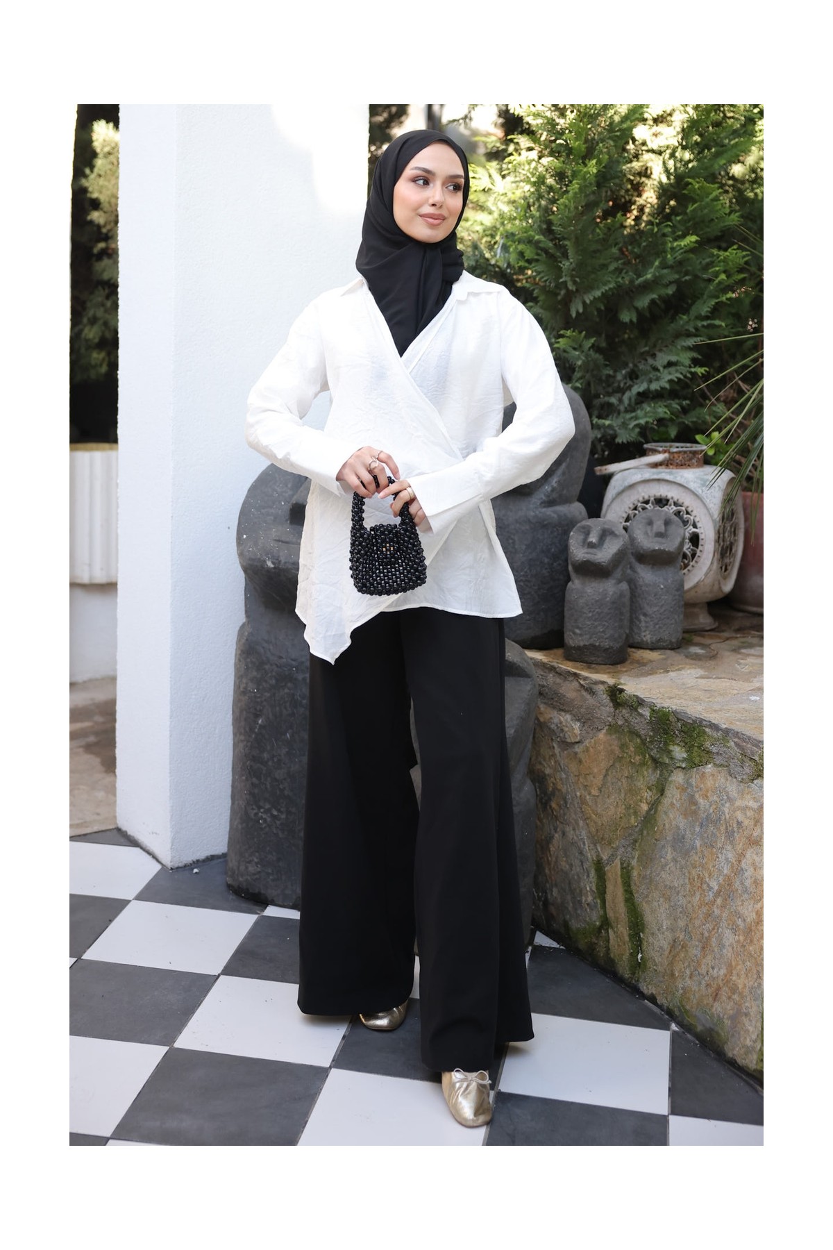 İmaj Butik Ekru Kruvaze Yaka Broş Detaylı Kimono Gömlek görsel 3