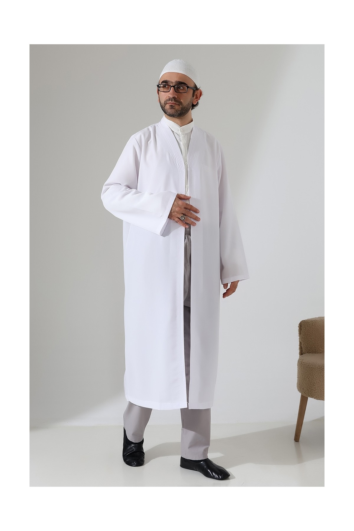 İhvan Online Erkek Namaz Elbisesi Buhara Yaka Cepli Namaz Cübbesi Mavi- (Sfa)