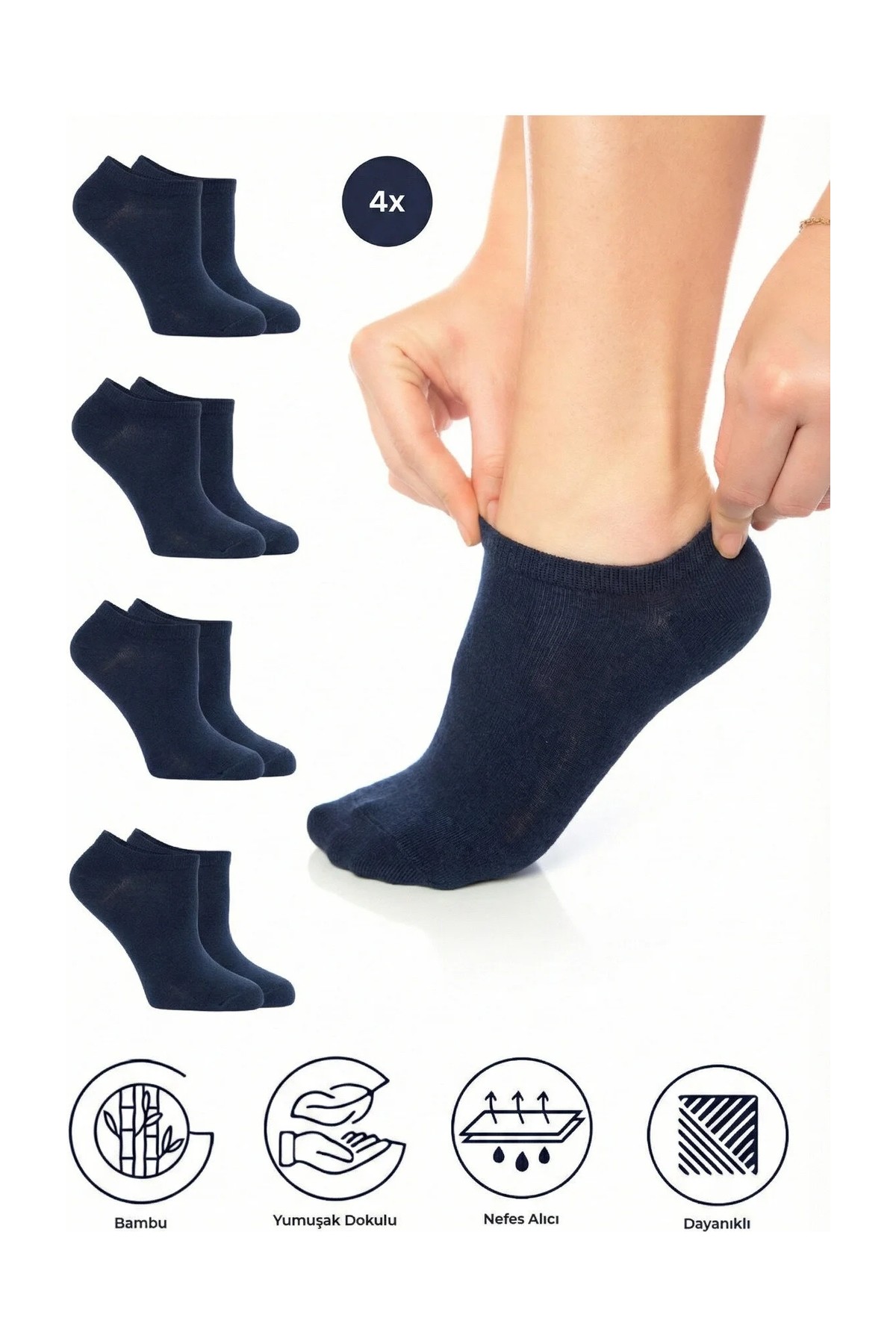 Saysez Bambu Kadın Sneaker Beyaz Çorap Dikişsiz Görünmez Bilekte Spor Çorap Premium 4'lü Paket