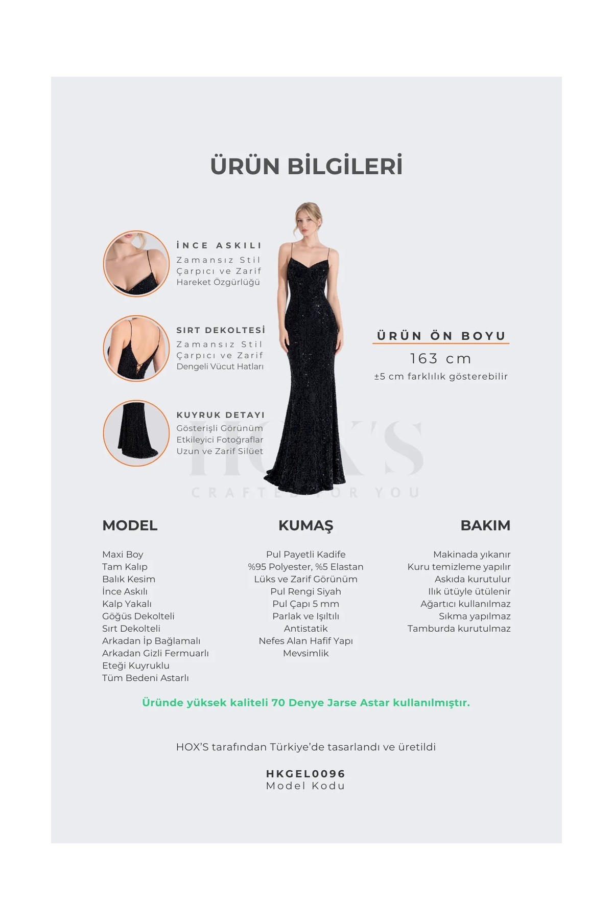 HOX'S Clara | Pul Payetli Kadife İnce Askılı Maxi Balık Abiye Elbise - Siyah görsel 5
