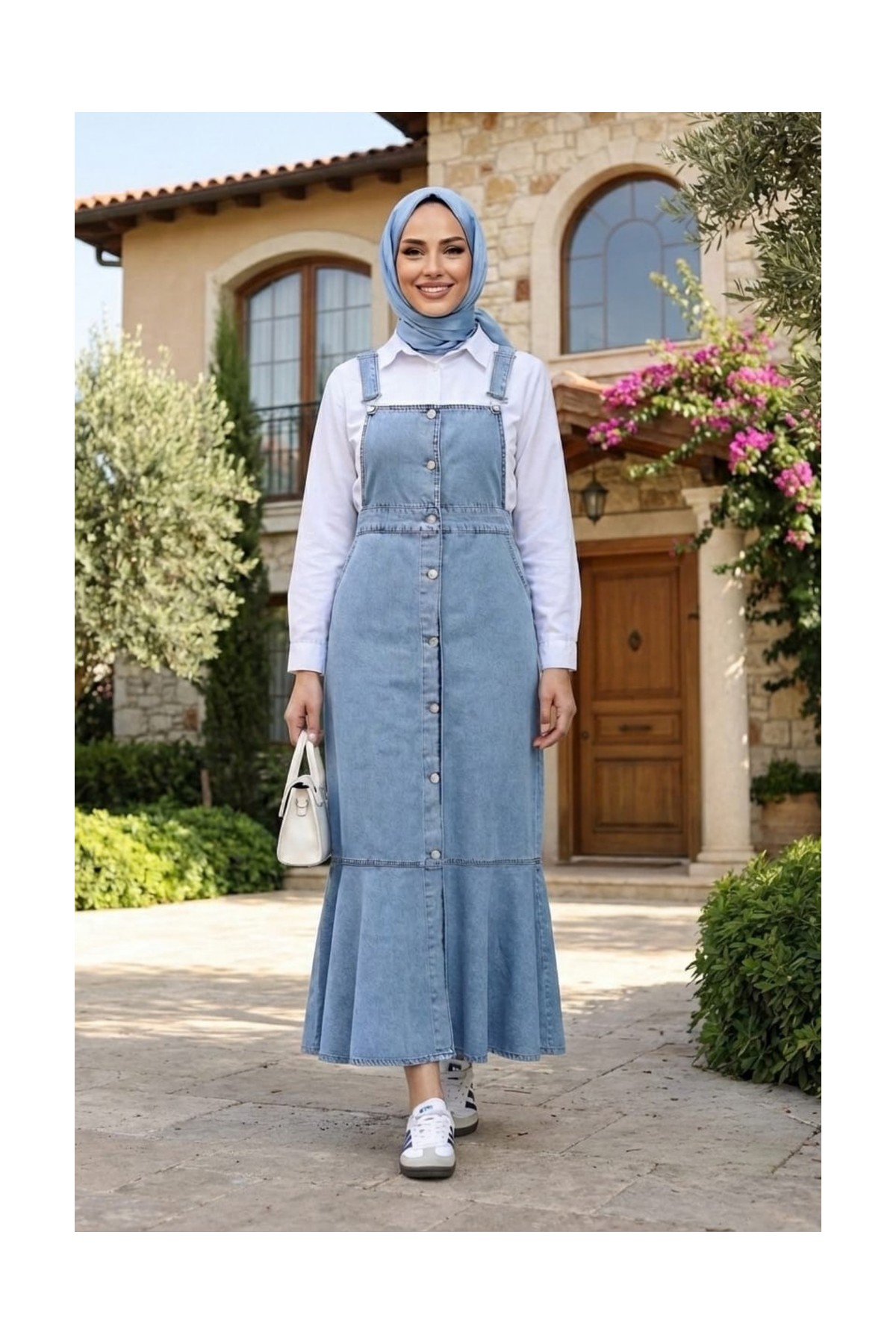 Kadın Ayarlanabilir Askılı Düğmeli Cepli Kot Mavi Salopet görsel 4