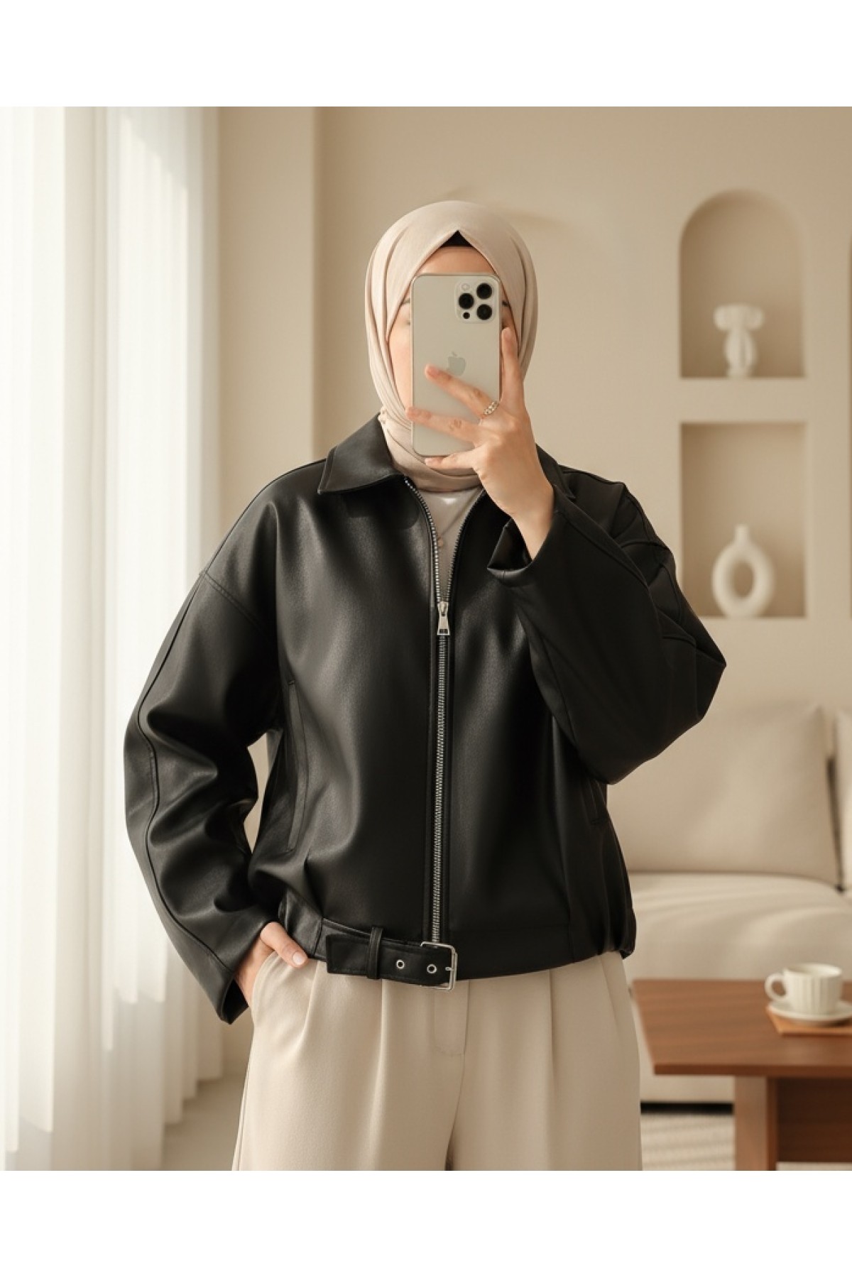 Moda Morfo İçi Astarlı Beli Kat Detaylı Kemerli Deri Ceket -Bordo görsel 6