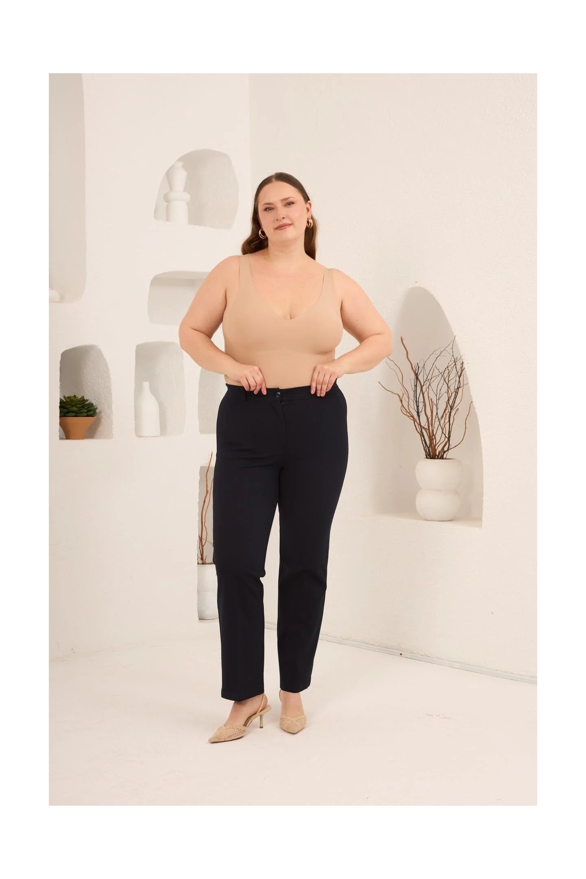 Rmg Beli Lastikli Büyük Beden Gabardin Geniş Paça Pantolon Kahve görsel 3