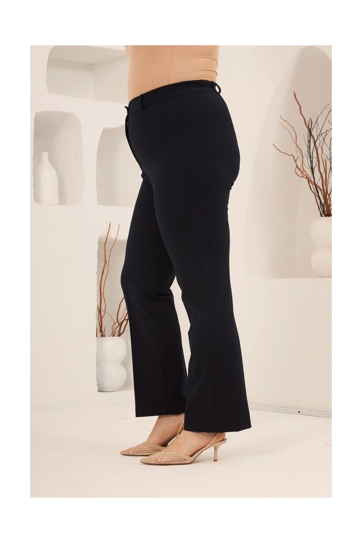 Rmg Beli Lastikli Büyük Beden Gabardin Geniş Paça Pantolon Kahve görsel 4