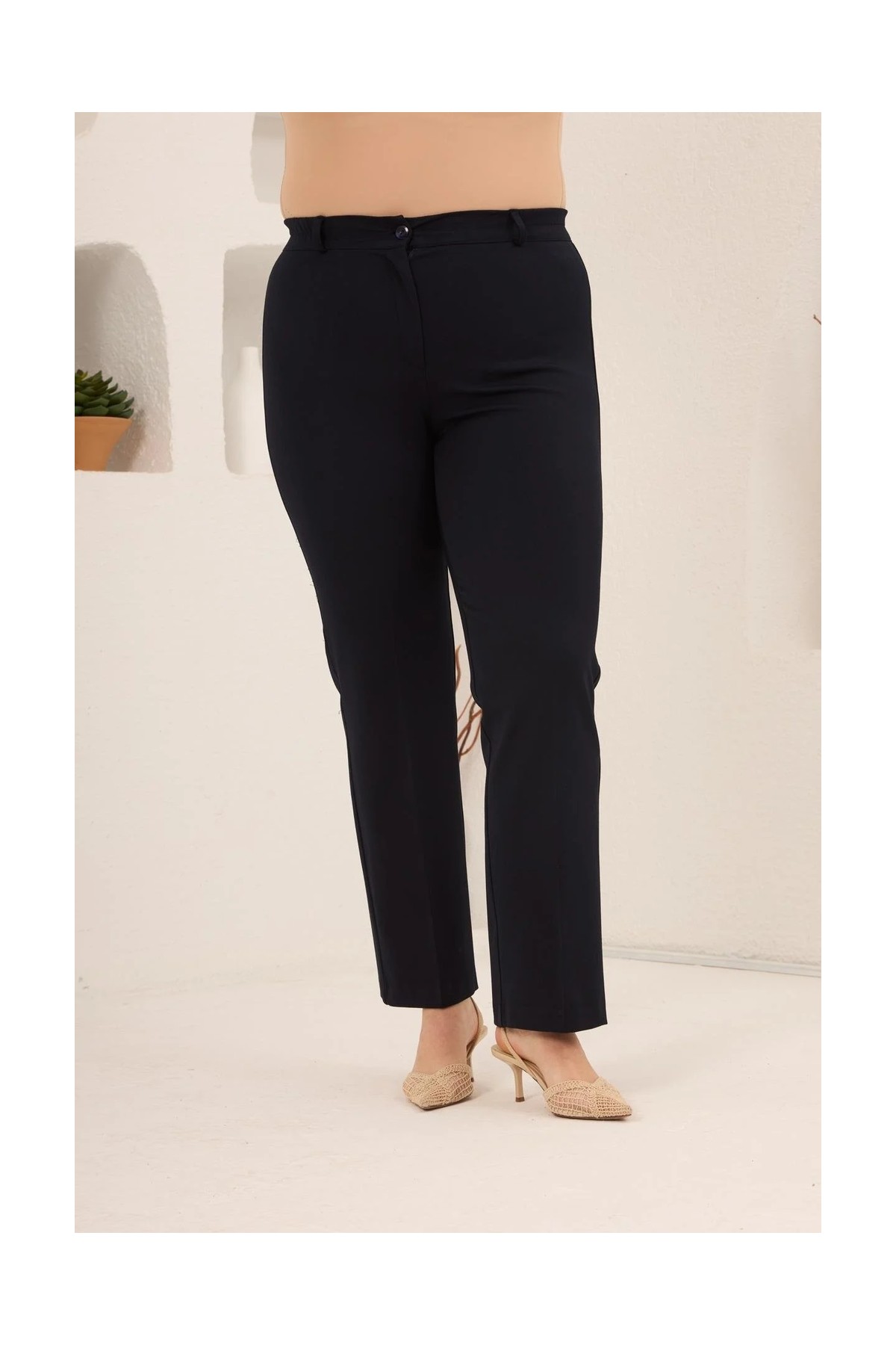 Rmg Beli Lastikli Büyük Beden Gabardin Geniş Paça Pantolon Kahve görsel 5
