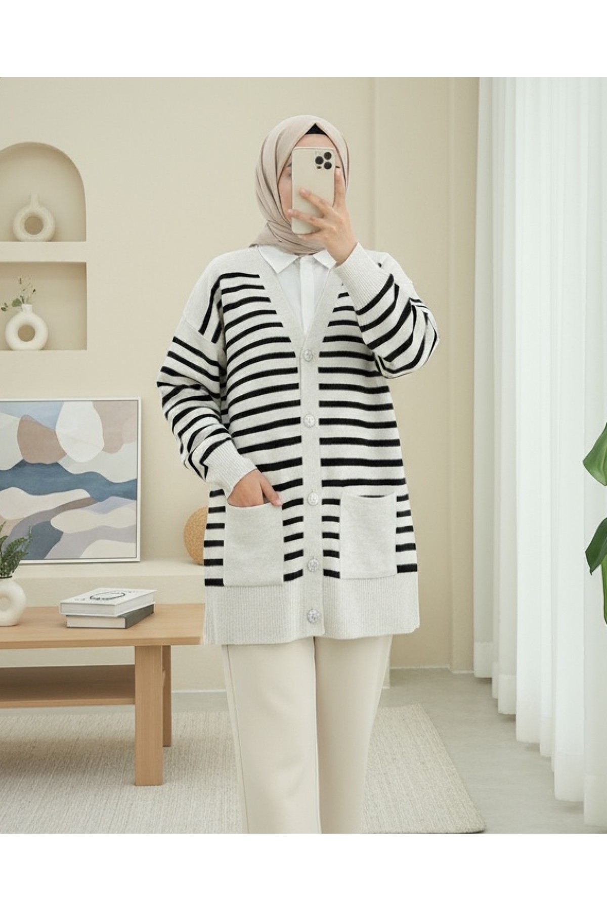 Moda Morfo Çift Cepli Çizgili Triko Hırka -Krem