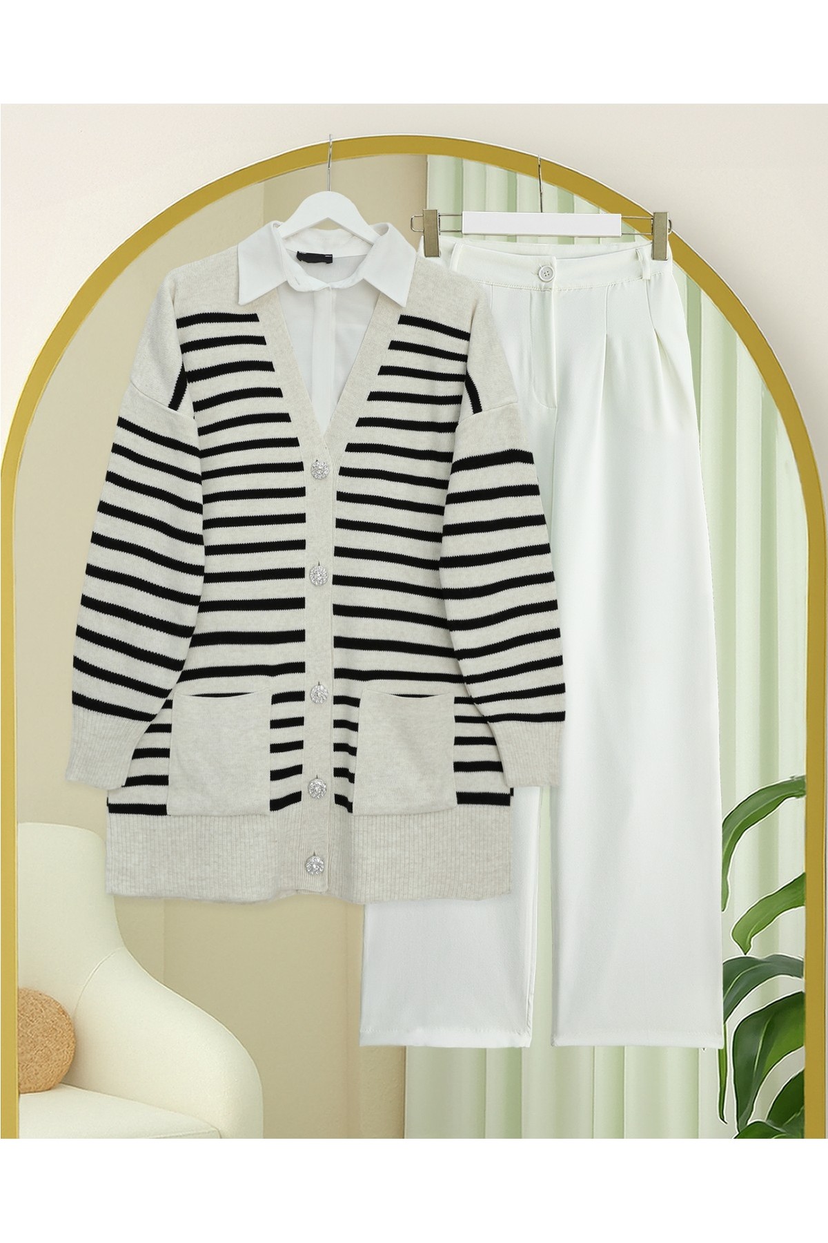 Moda Morfo Çift Cepli Çizgili Triko Hırka -Krem görsel 4