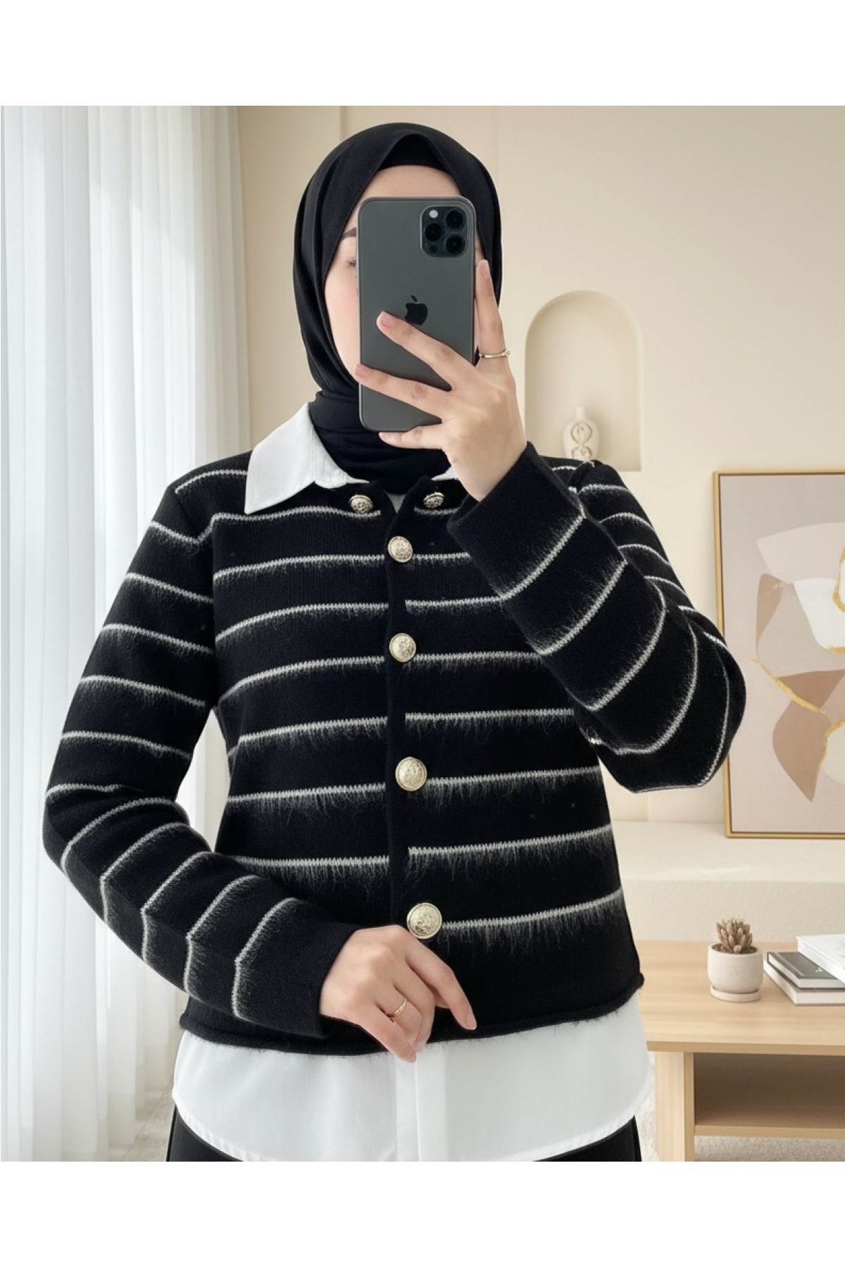 Moda Morfo Düğmeli Gömlek Detaylı Triko Hırka -Siyah