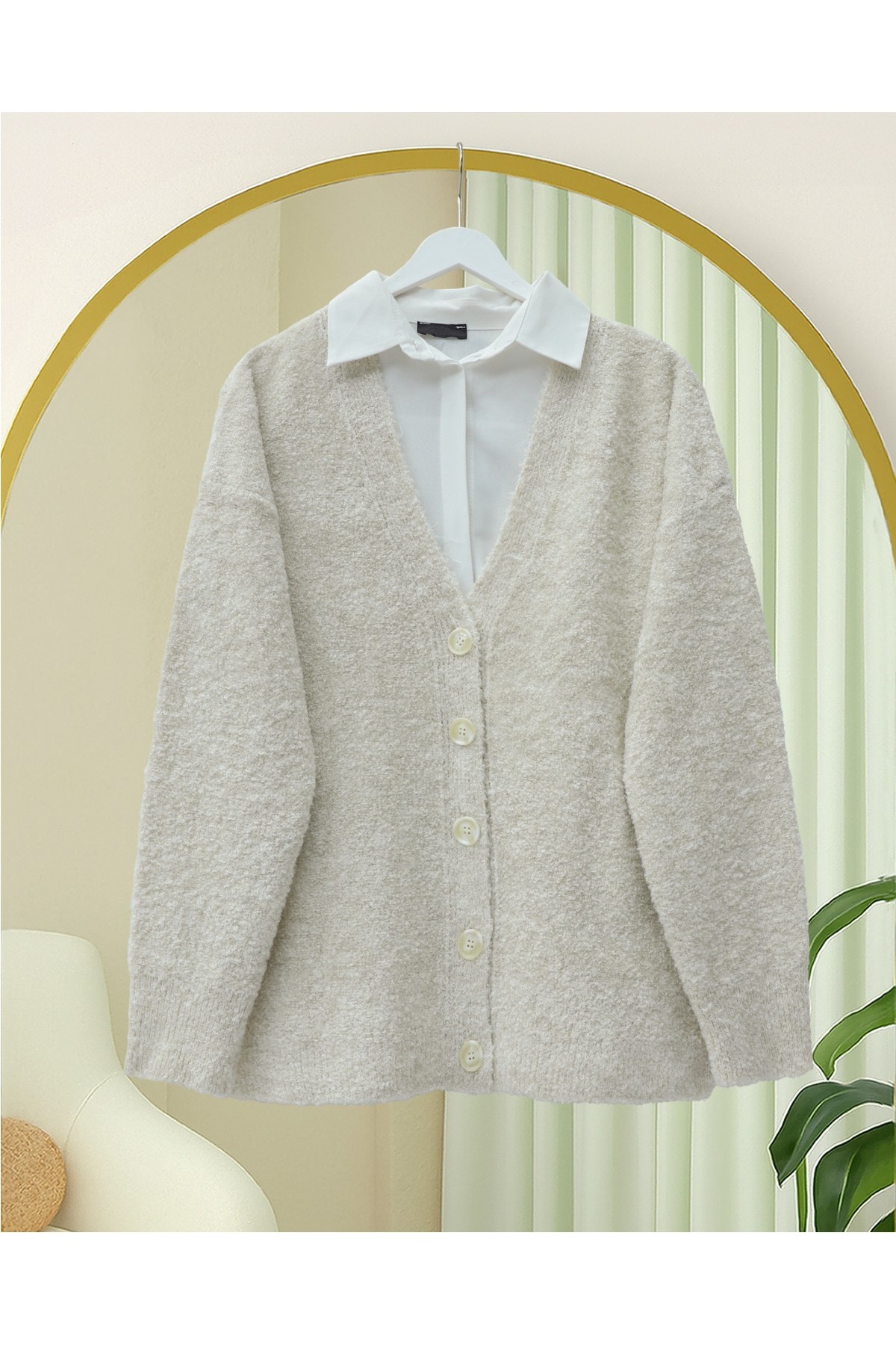 Moda Morfo Düğmeli Salaş Triko Hırka -Füme görsel 3
