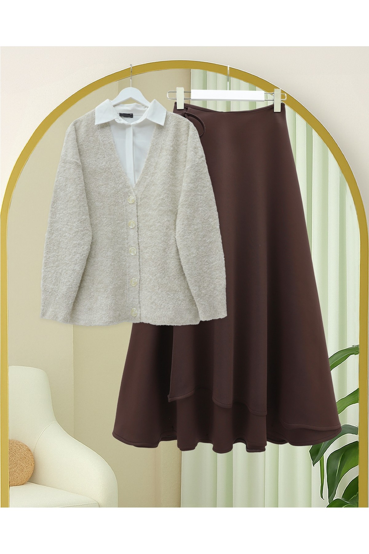 Moda Morfo Düğmeli Salaş Triko Hırka -Füme görsel 4