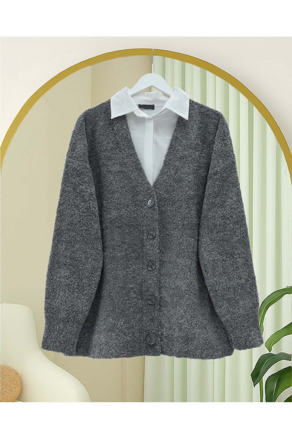 Moda Morfo Düğmeli Salaş Triko Hırka -Füme görsel 8