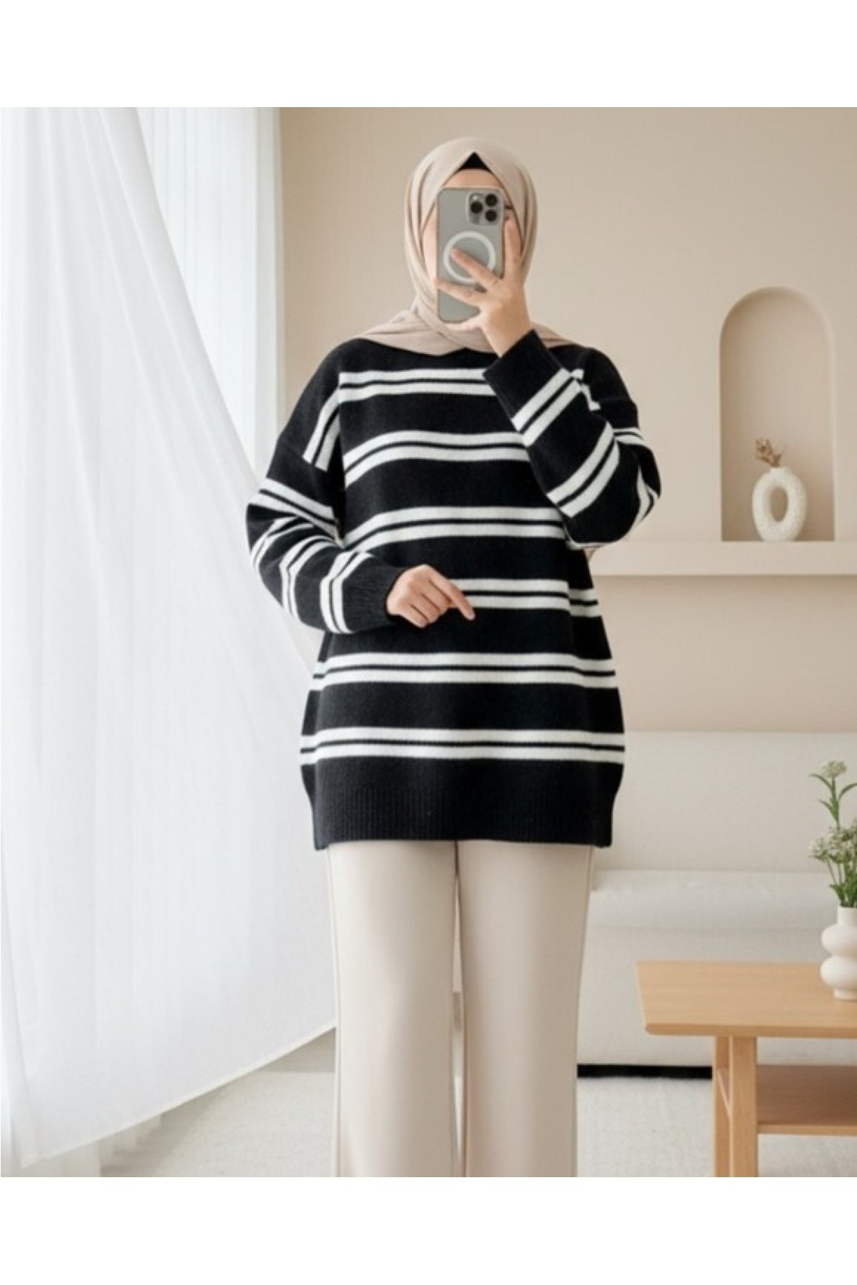 Moda Morfo Yuvarlak Yaka Çizgili Yumoş Triko Kazak -Gri görsel 2