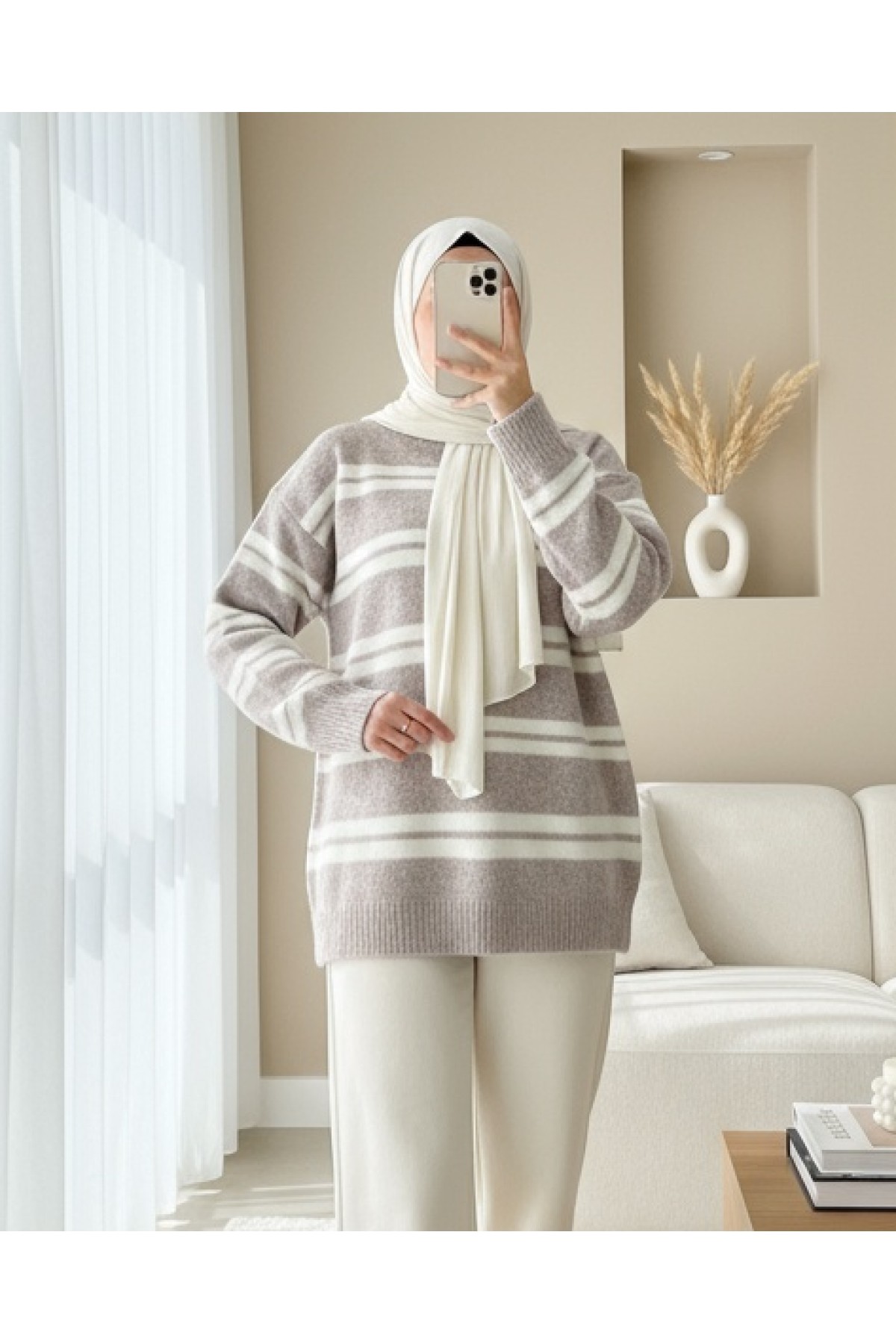 Moda Morfo Yuvarlak Yaka Çizgili Yumoş Triko Kazak -Gri