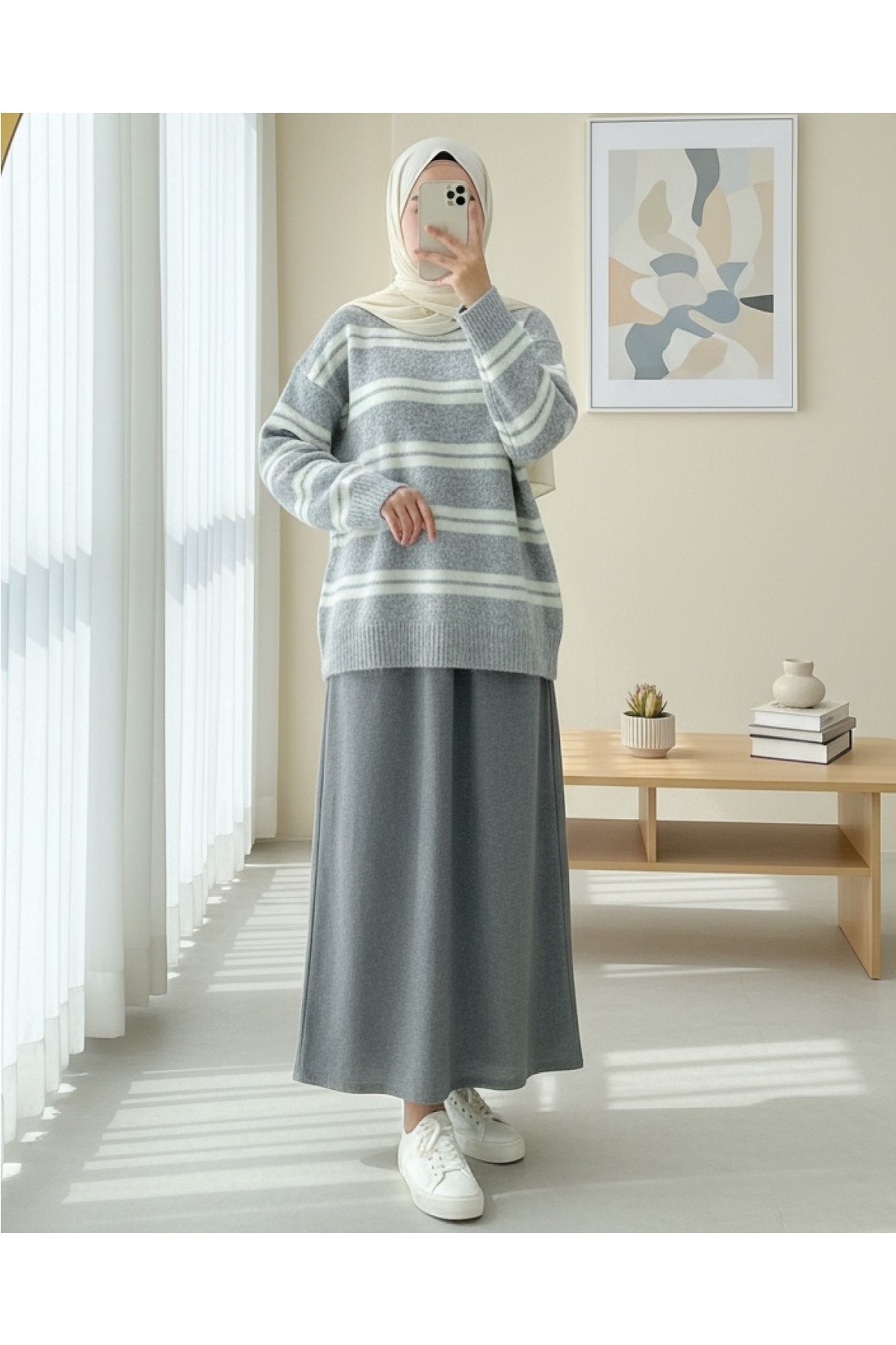Moda Morfo Yuvarlak Yaka Çizgili Yumoş Triko Kazak -Gri