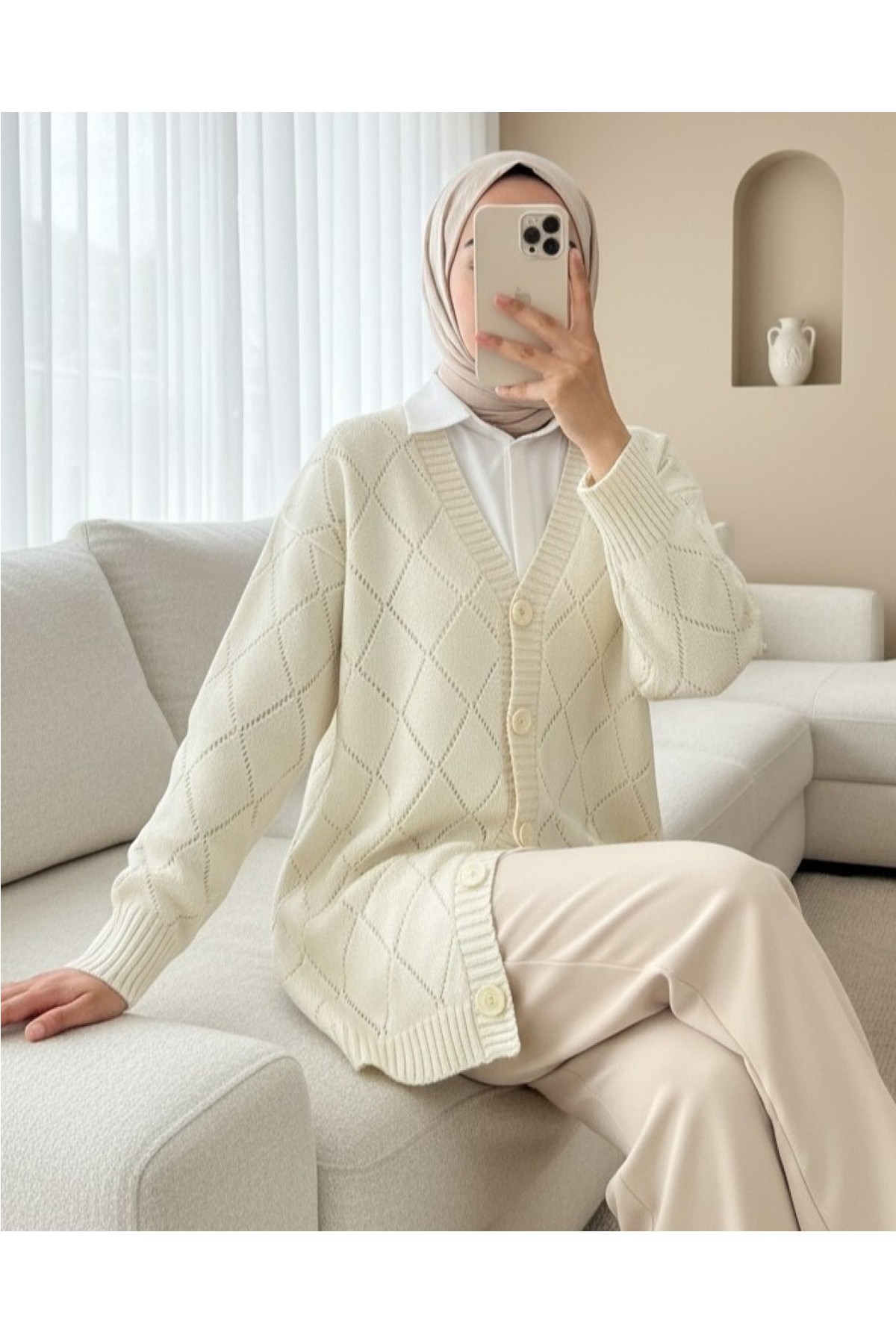 Moda Morfo Ajurlu Baklava Desenli Triko Hırka -Krem görsel 2