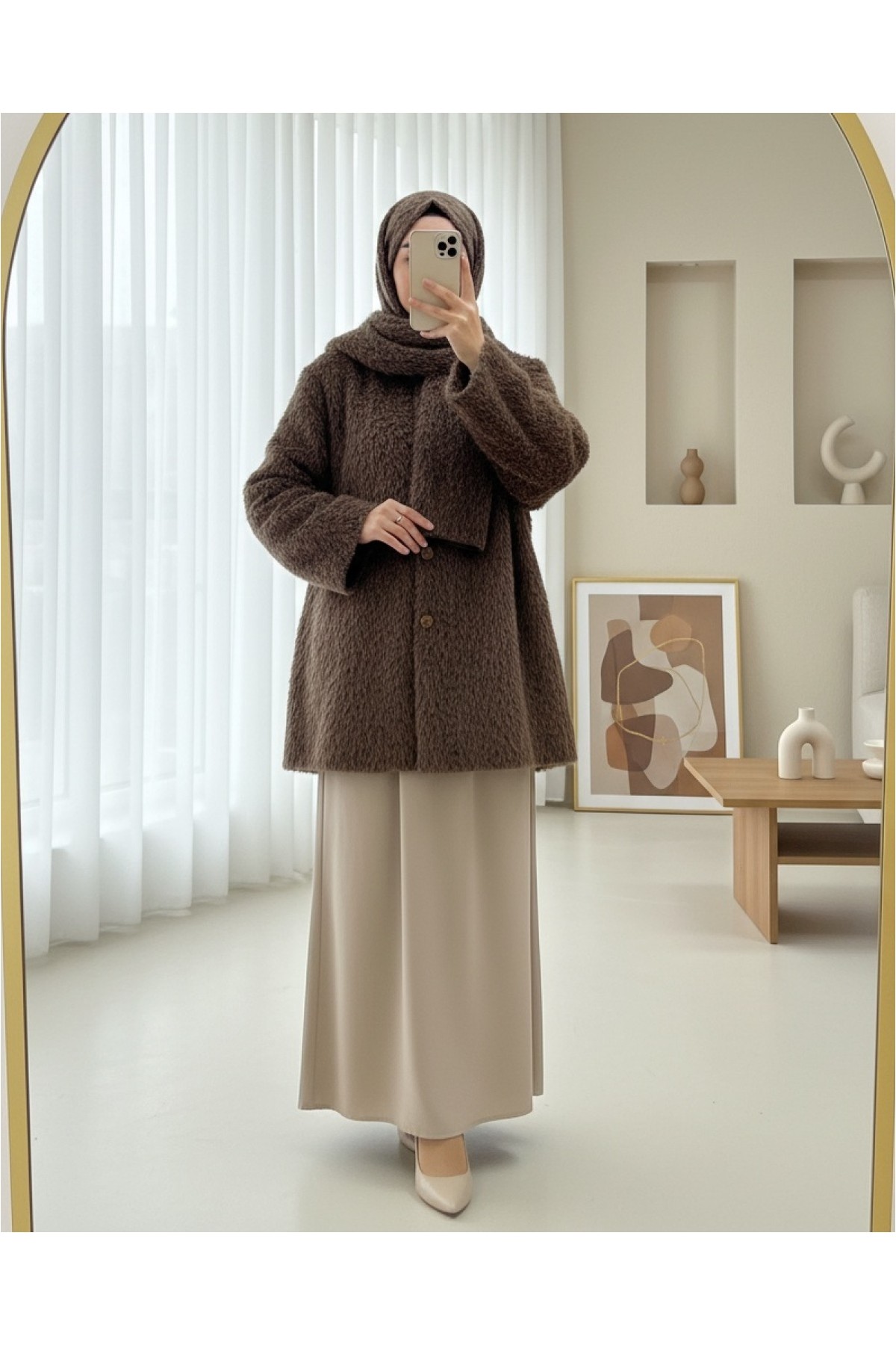Moda Morfo Atkı Detaylı Önü Düğmeli Sakallı Ceket -Bordo