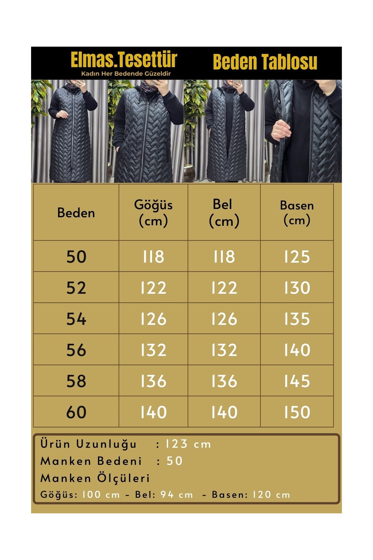 Elmas Tesettür Kadın Giyim Büyük Beden Kapitone Çavuş Desen Kolları Üç Iplik Şardonlu Polarlı Tesettür Mont görsel 3