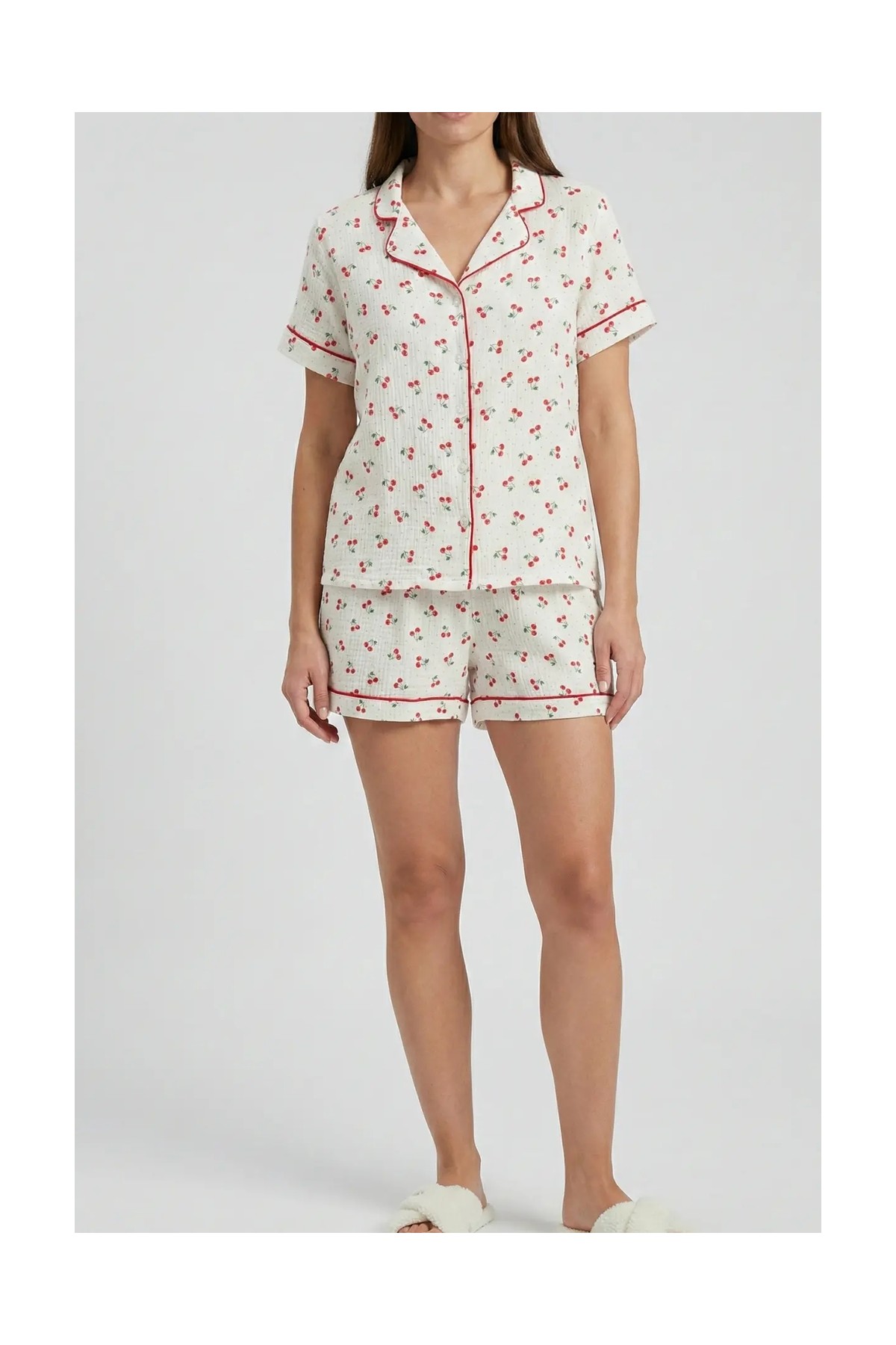 Laperissa Cherry Ekru Biyeli Müslin Dokuma Şortlu Pijama Takımı görsel 2