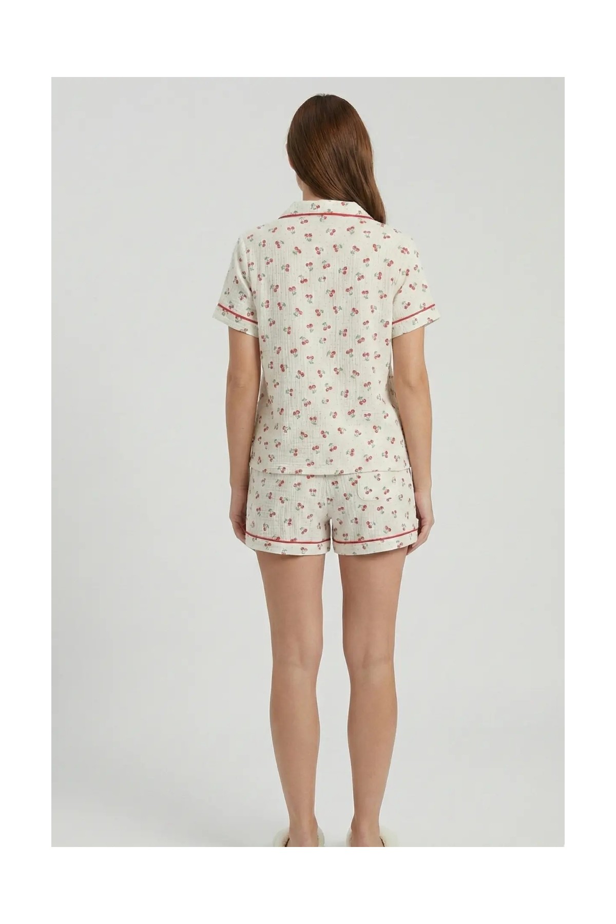 Laperissa Cherry Ekru Biyeli Müslin Dokuma Şortlu Pijama Takımı görsel 3