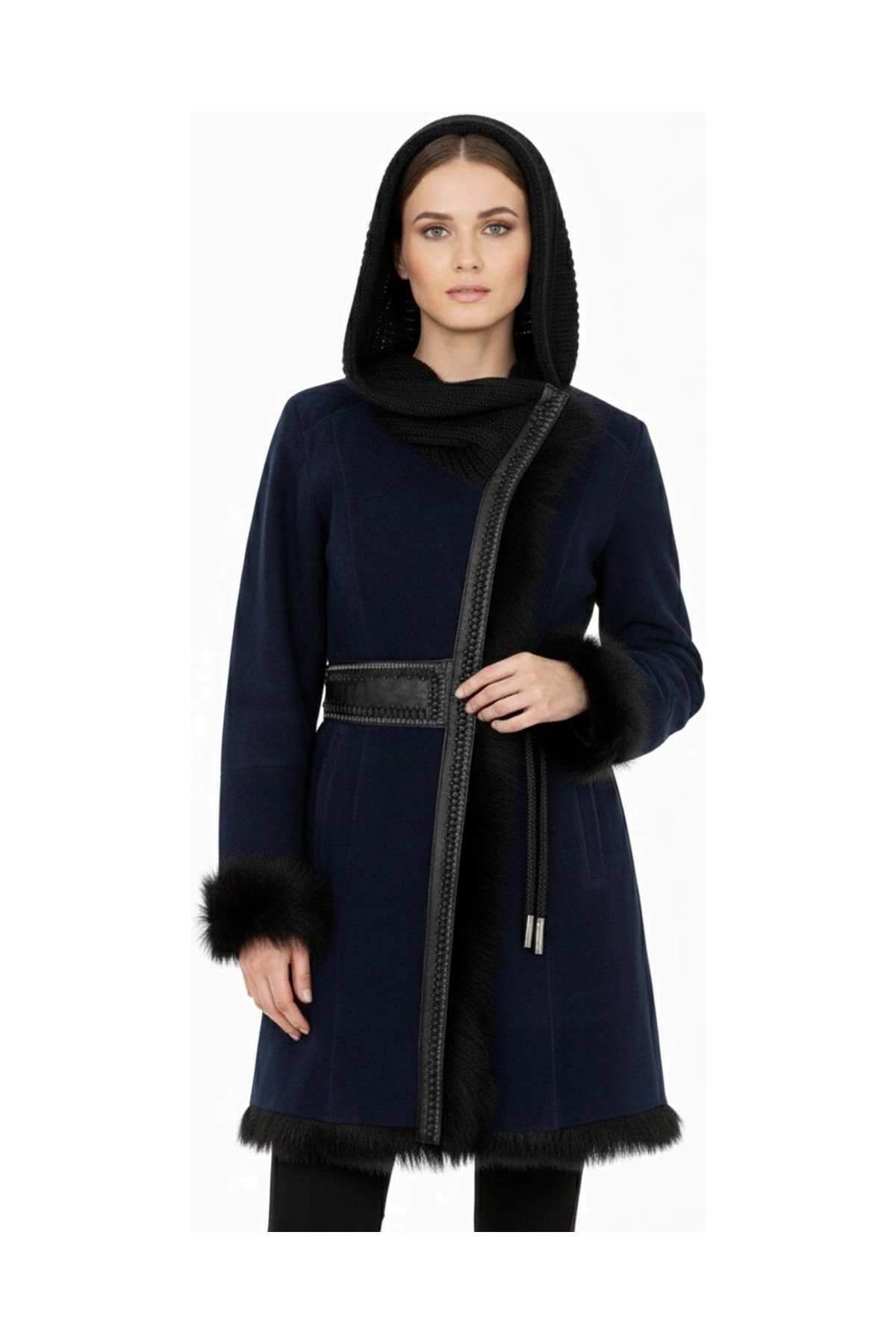 Deriderim Lacivert Seline Triko Kapüşonlu Hakiki Deri Kürk Kaban görsel 2